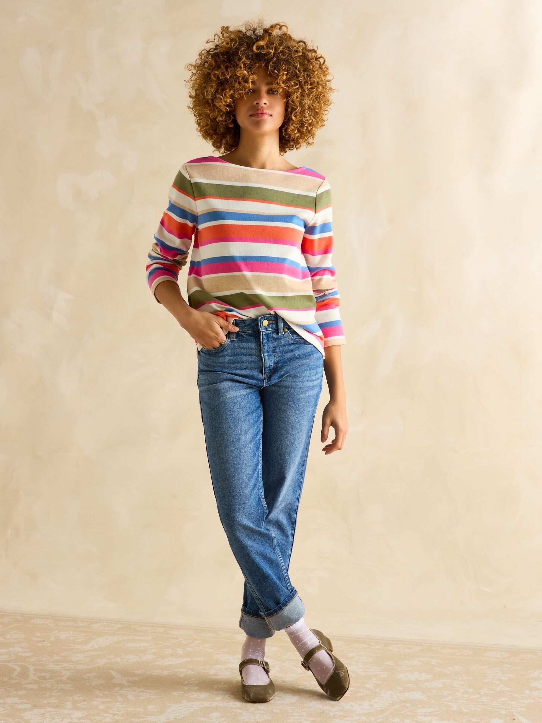 Harbour Green & Pink Elevated Stripe Pastel Boat Neck Breton Top