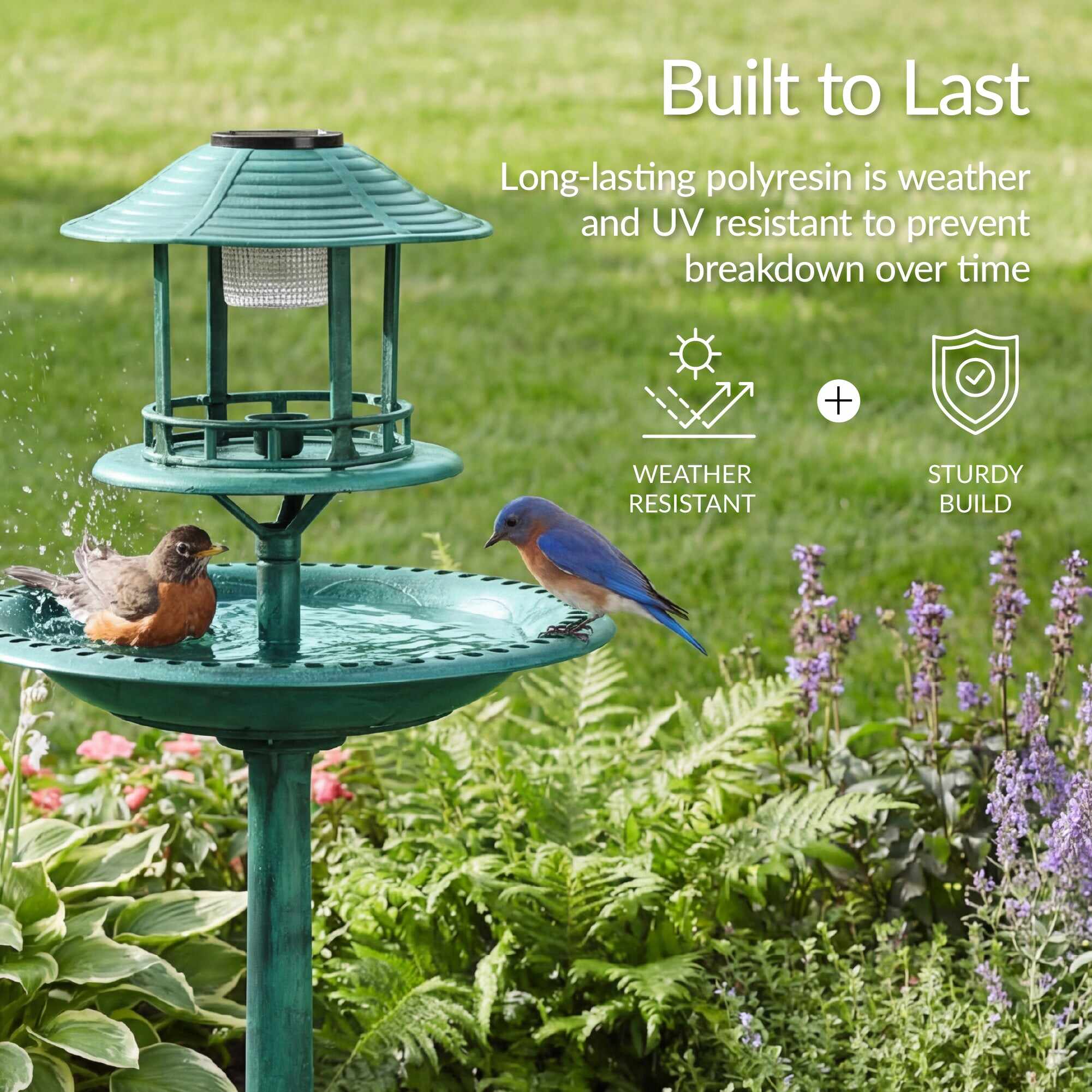Solar Lighted Outdoor Pedestal Bird Bath w/ Planter, Decorative Bird Cage