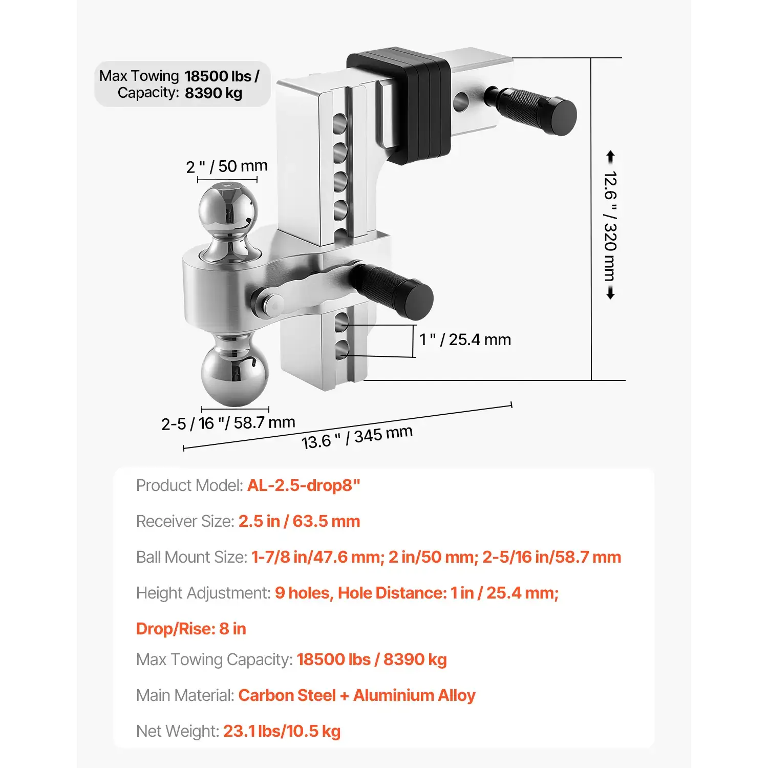 Adjustable Trailer Hitch,  8-Inch Drop Hitch, Tri-Ball Mount for 2.5-Inch Hitch Receiver, Trailer Ball Size 1-7/8
