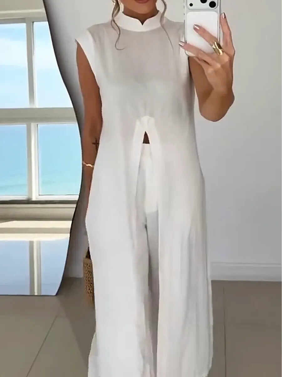 🔥Summer Arrivals🌟Women's Stylish Casual Elegant Resort Cotton Linen Front Slit Midi Top And Elastic Waist Loose Pants Set