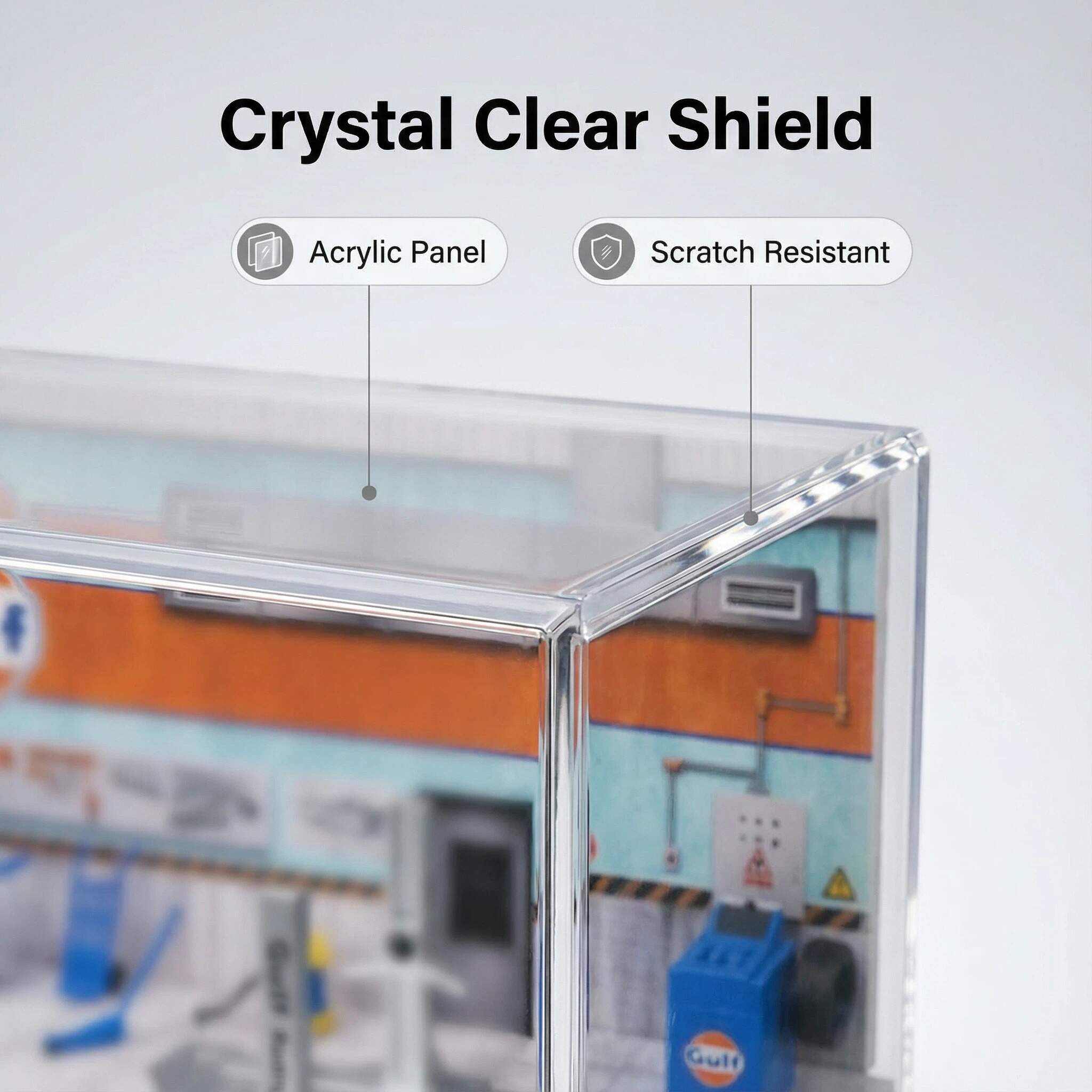 1:64 Scale Classic Oil Service Garage Diorama Display Case – Vintage Workshop Scene for Diecast Cars