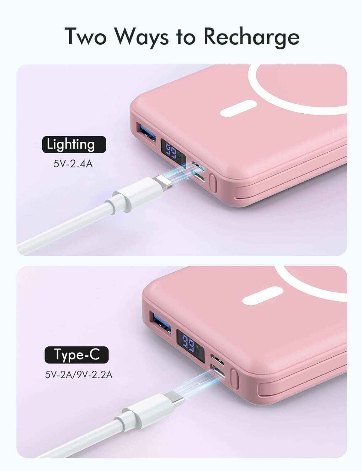 podoru Wireless Portable Charger, 10000mAh Magnetic Power Bank Built-in USB-C Lighting Cables 22.5W PD Fast Charging LED Display Mag-Safe Battery Pack for iPhone 15/14/13/12/Mini/Pro/Pro Max - White