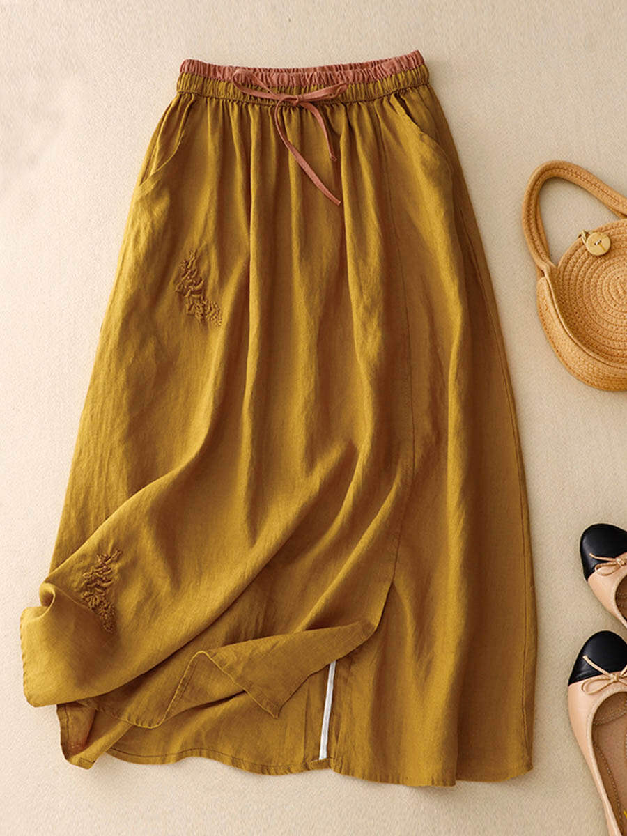 🔥Summer Arrivals🌟Women's Artistic Embroidery Elastic Waist Colorblock A-Line Loose Linen Skirt