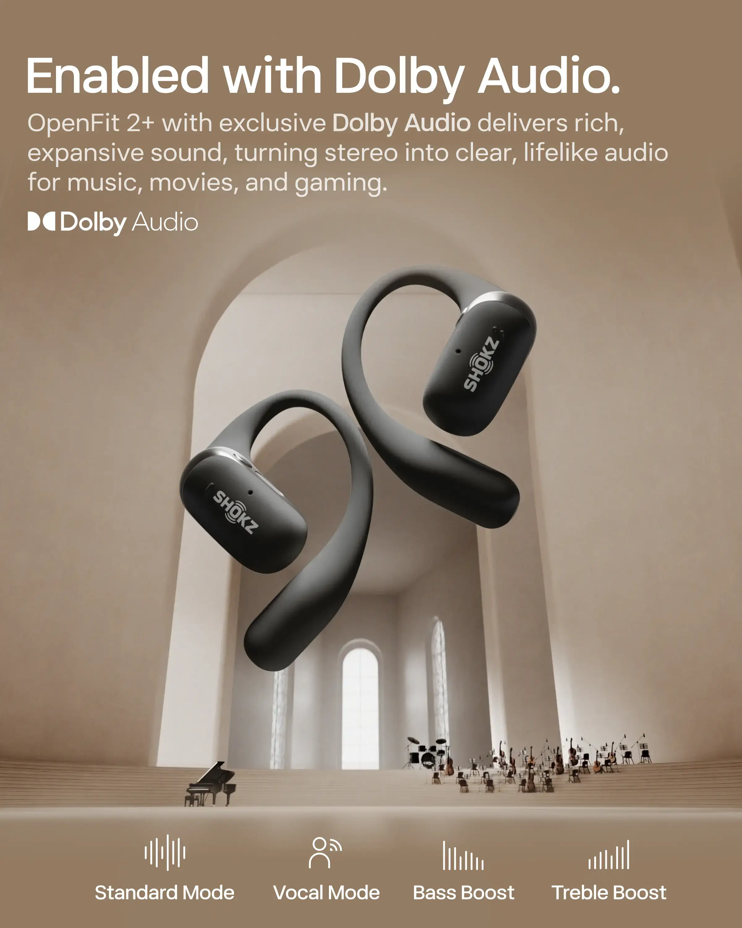 New OpenFit 2+ Open-Ear Headphones, Dolby Audio Enabled, Comfortable Earbuds with Soft Ear Hooks, 48H Playtime, IP55 Water-Resistant, USB-C Fast Charging, Wireless Charging