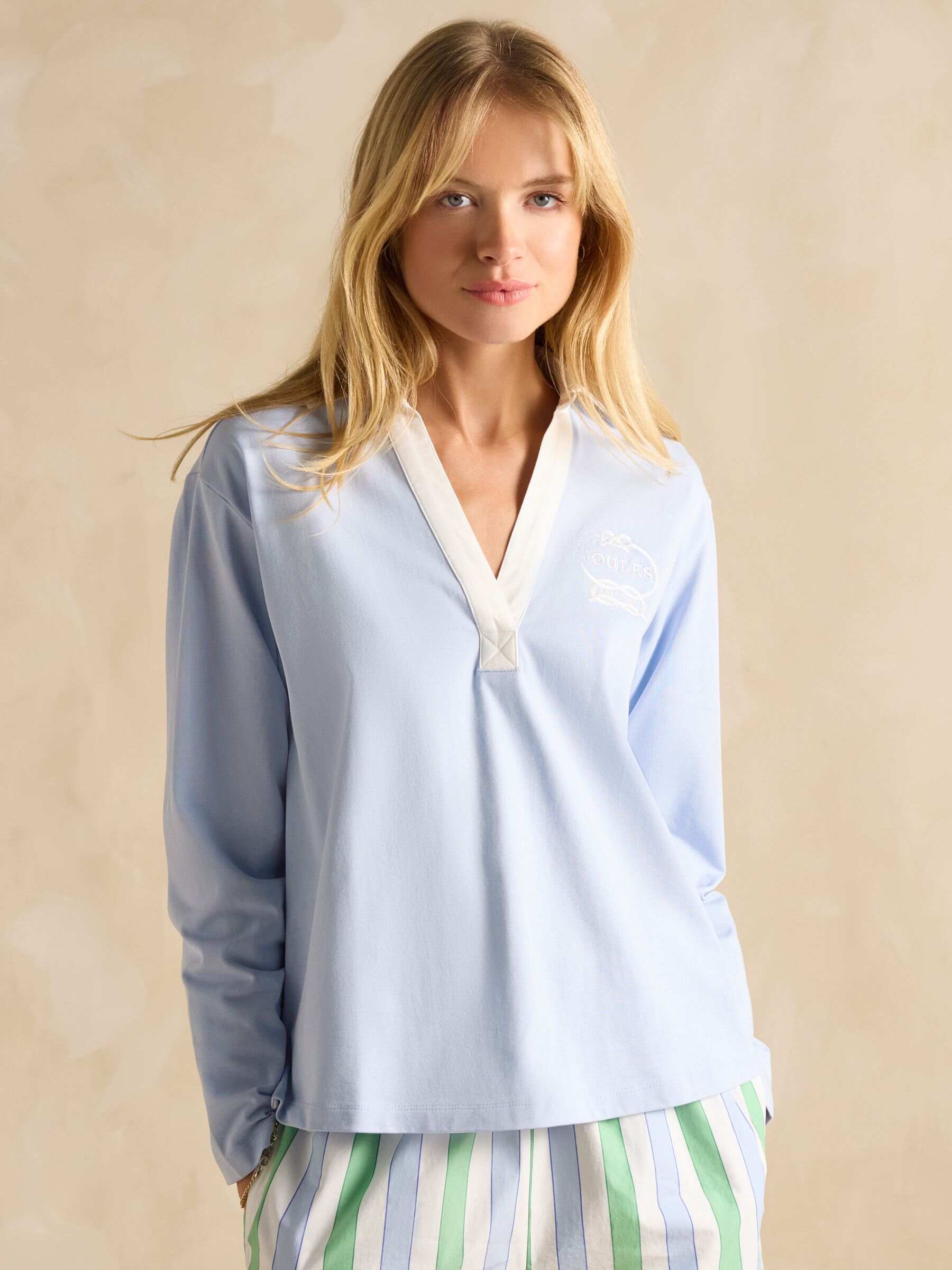 Tallie Blue Long Sleeve Combed Cotton Collared Top