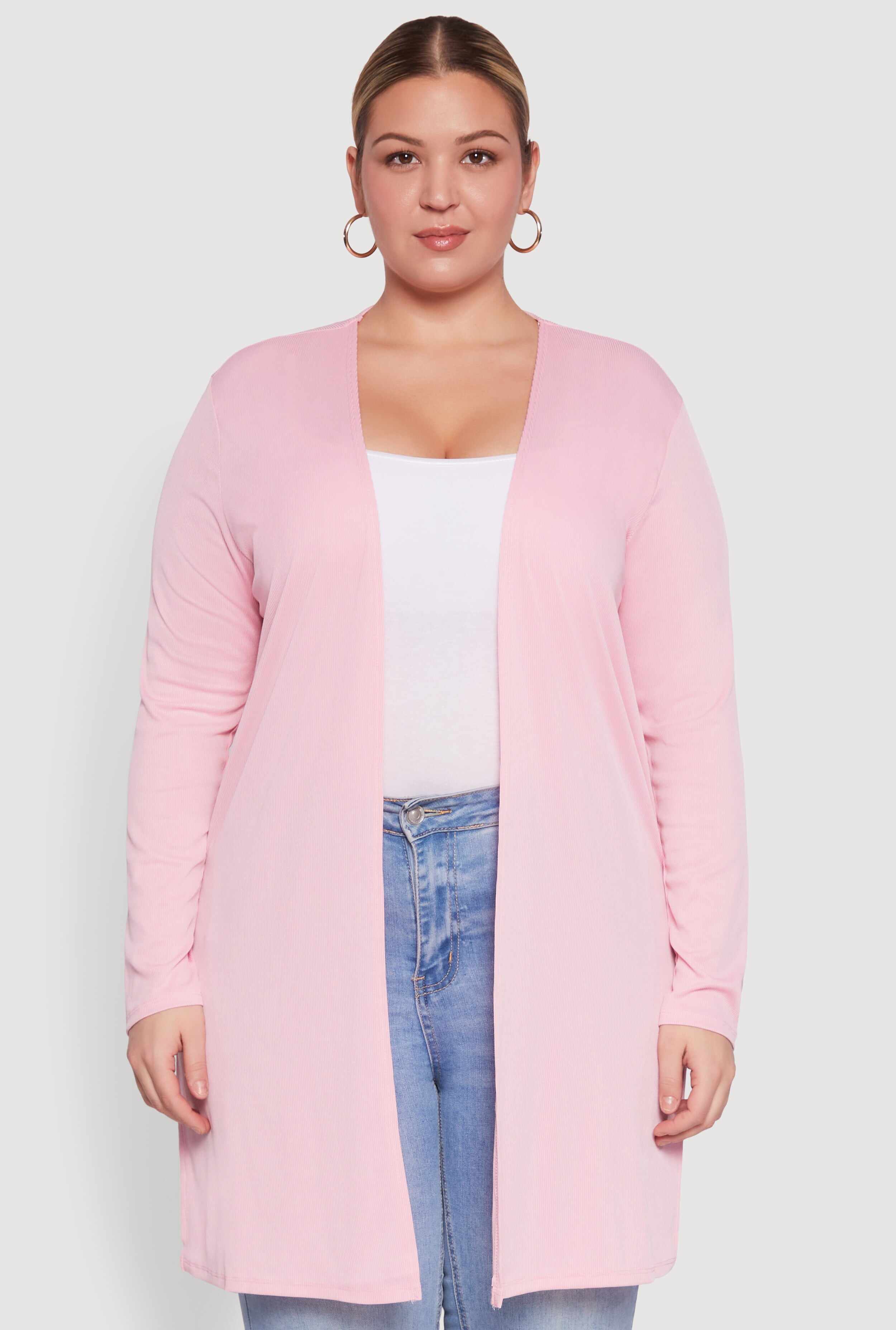 Plus Size Rib Knit Long Sleeve Duster