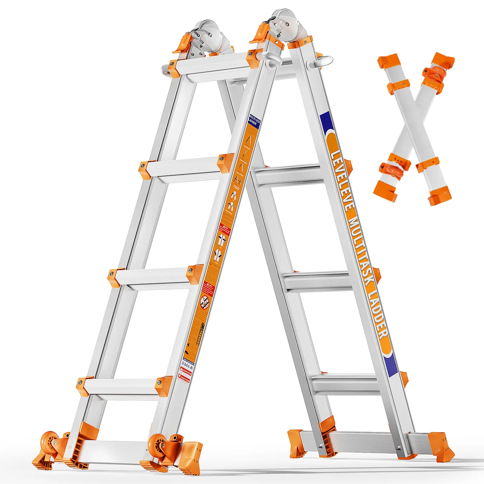 Multi-Position Extension Ladder, A-Frame Step Ladder with Stabilizer Bar & Wheels, 330LBS Security Load, Safe for Stairs, Home, Indoor, Outdoor & Roof Work