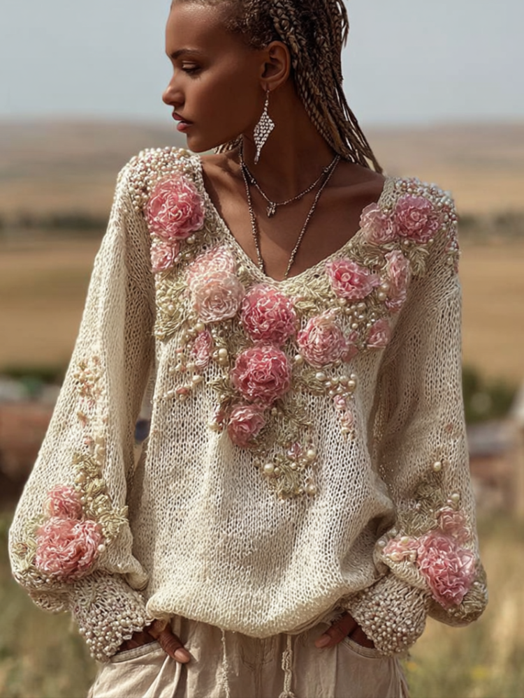 Women's Bohemian Style Round Neck 3d Pink Flower Embroidery Long Sleeve Knitted Sweater