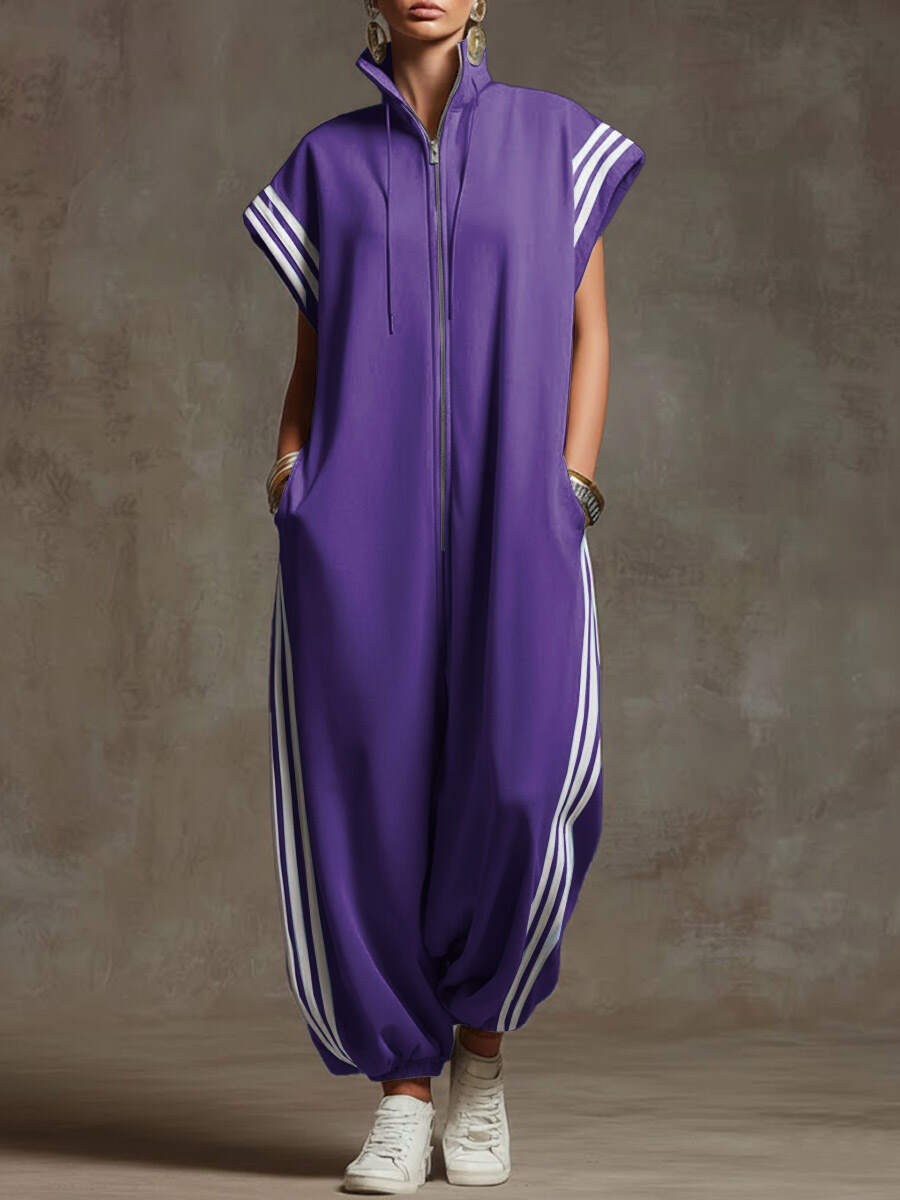🔥Summer Arrivals🌟Women's Stand-collar Short-sleeved Casual Loose Cotton Wide-leg Jumpsuit