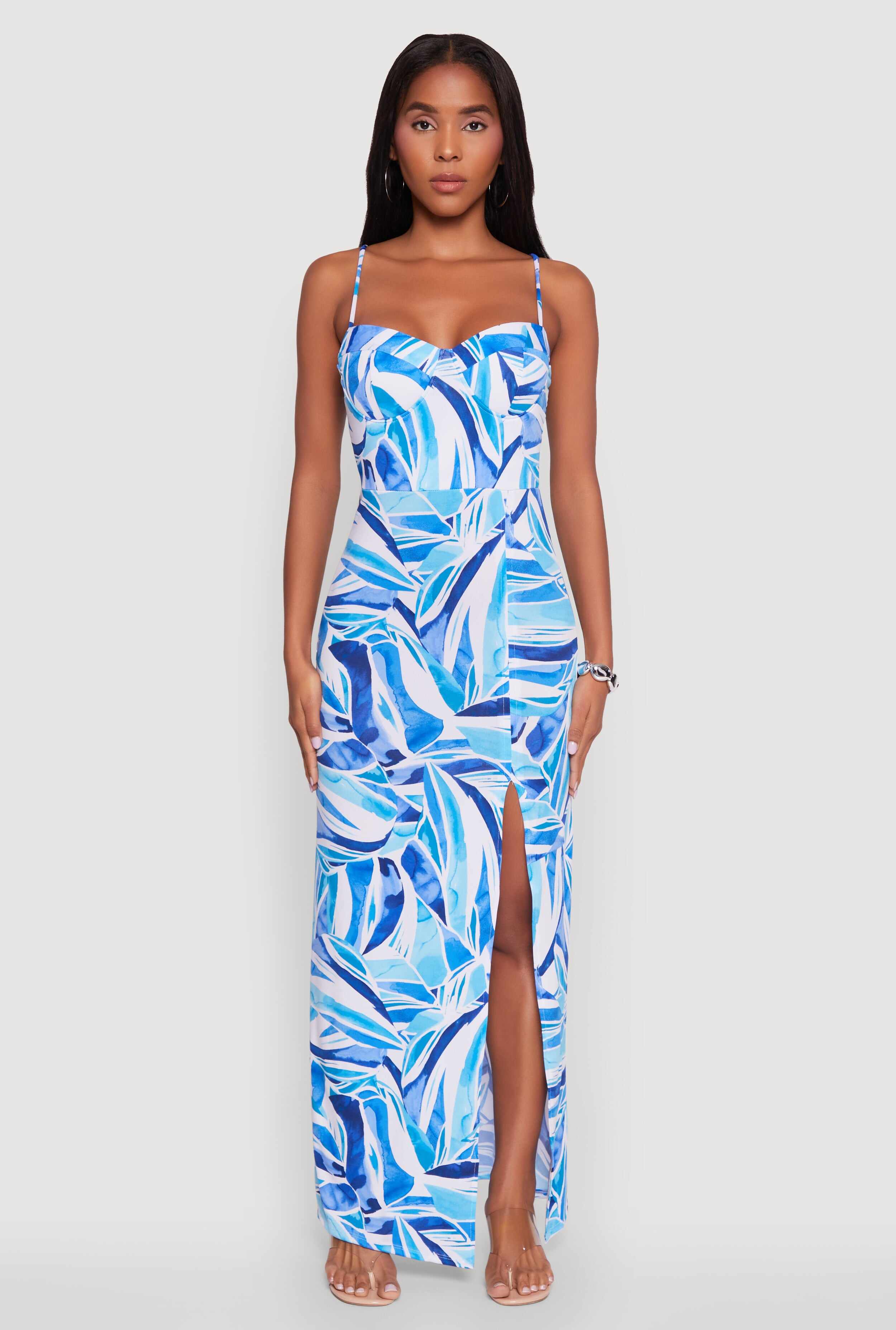 Sleeveless Printed Bustier Maxi Dress with Side Slit