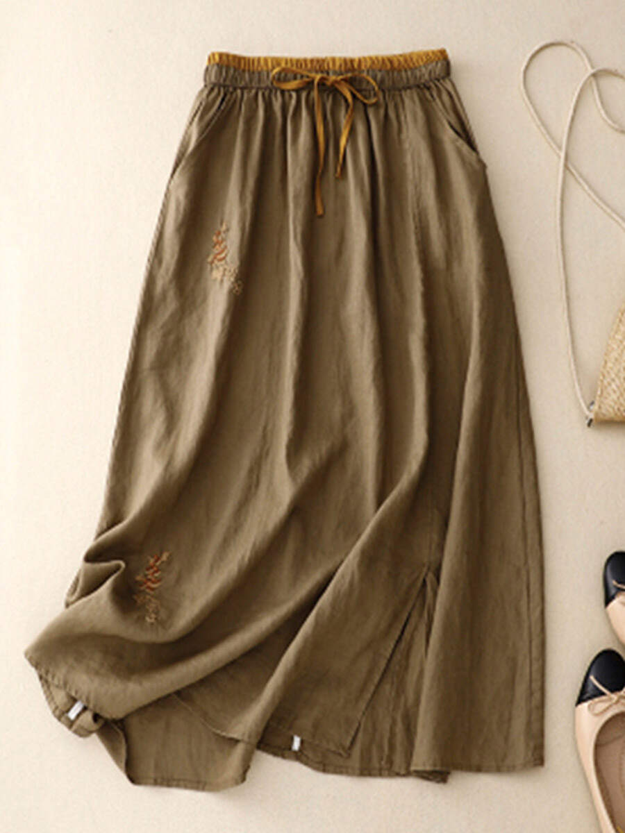 🔥Summer Arrivals🌟Women's Artistic Embroidery Elastic Waist Colorblock A-Line Loose Linen Skirt