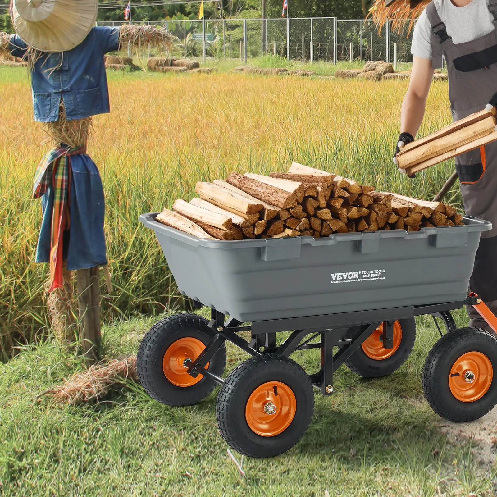 Poly Garden Dump Cart with Easy to Assemble Steel Frame, 2-in-1 Convertible Handle, 13 Inch Tires, Max Capacity 1500 lbs, Utility Wheelbarrow Productivity Yard