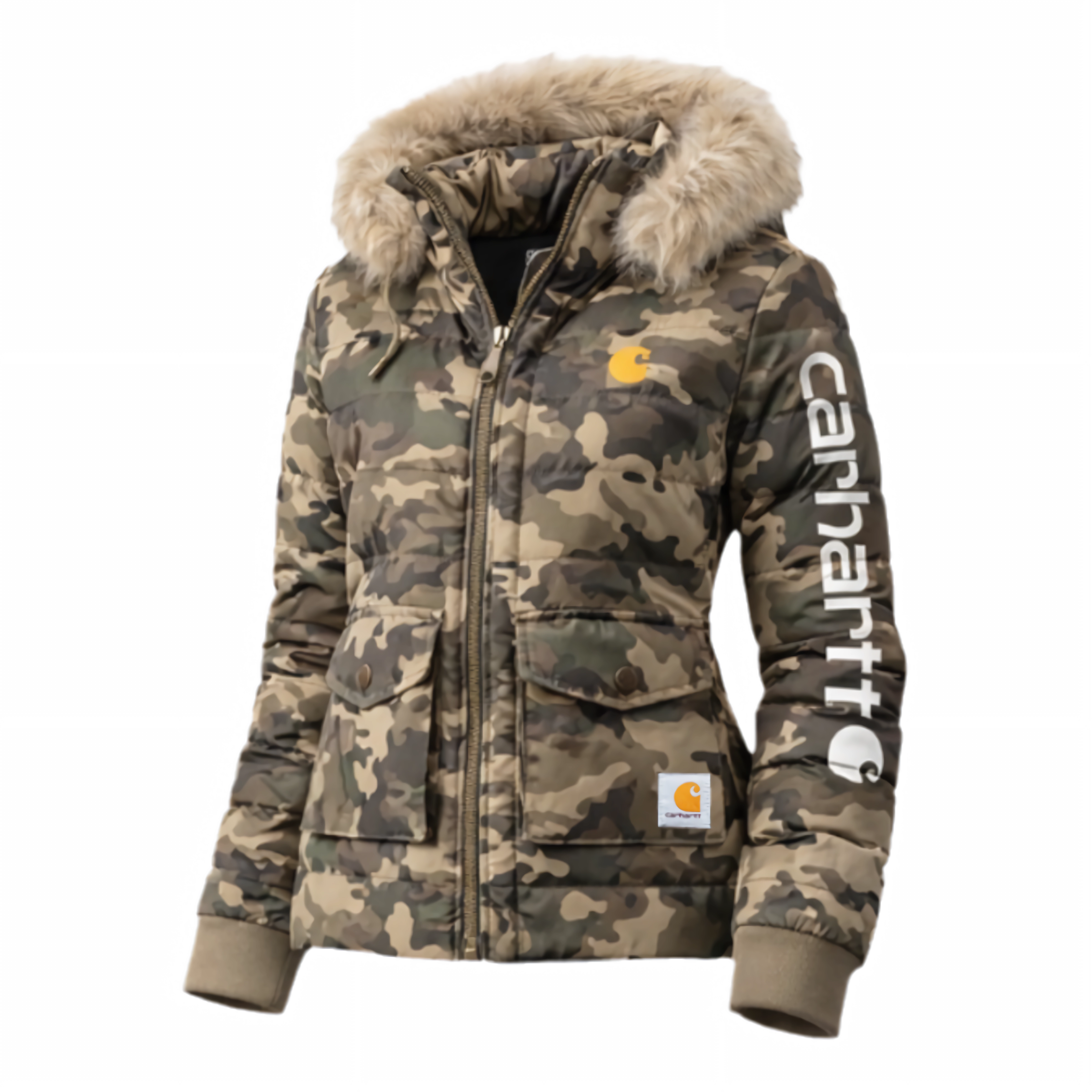 Women's Camouflage Hooded Wool Collar Coat
