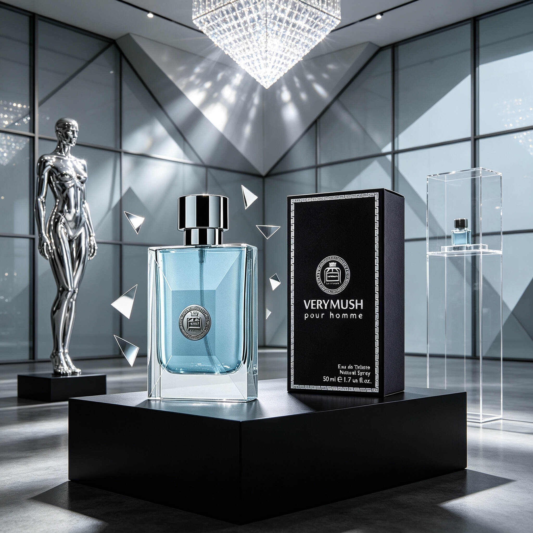 Verymush Men Eau de Toilette 50ml, Silver / Dark Blue Gradient Square Cologne Bottle