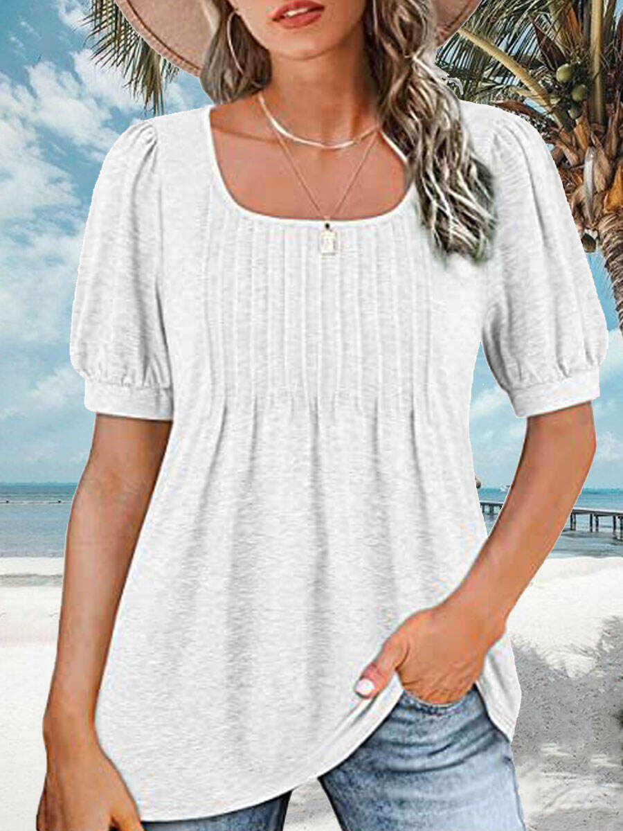 Square Neck Casual Loose Solid Color Short Sleeve T-Shirt