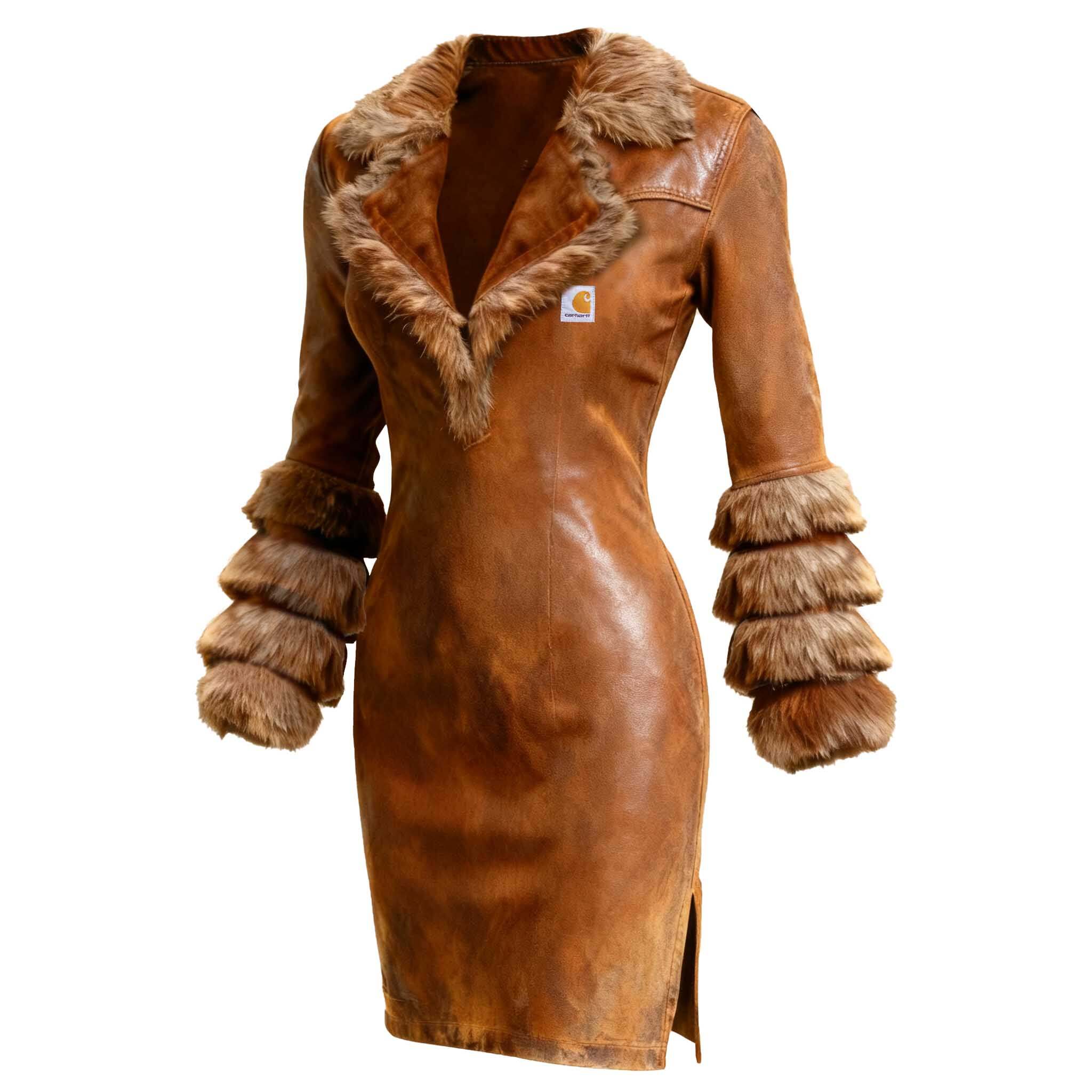 Women's Vintage Brown Leather Fur Lapel Long Sleeve Dress