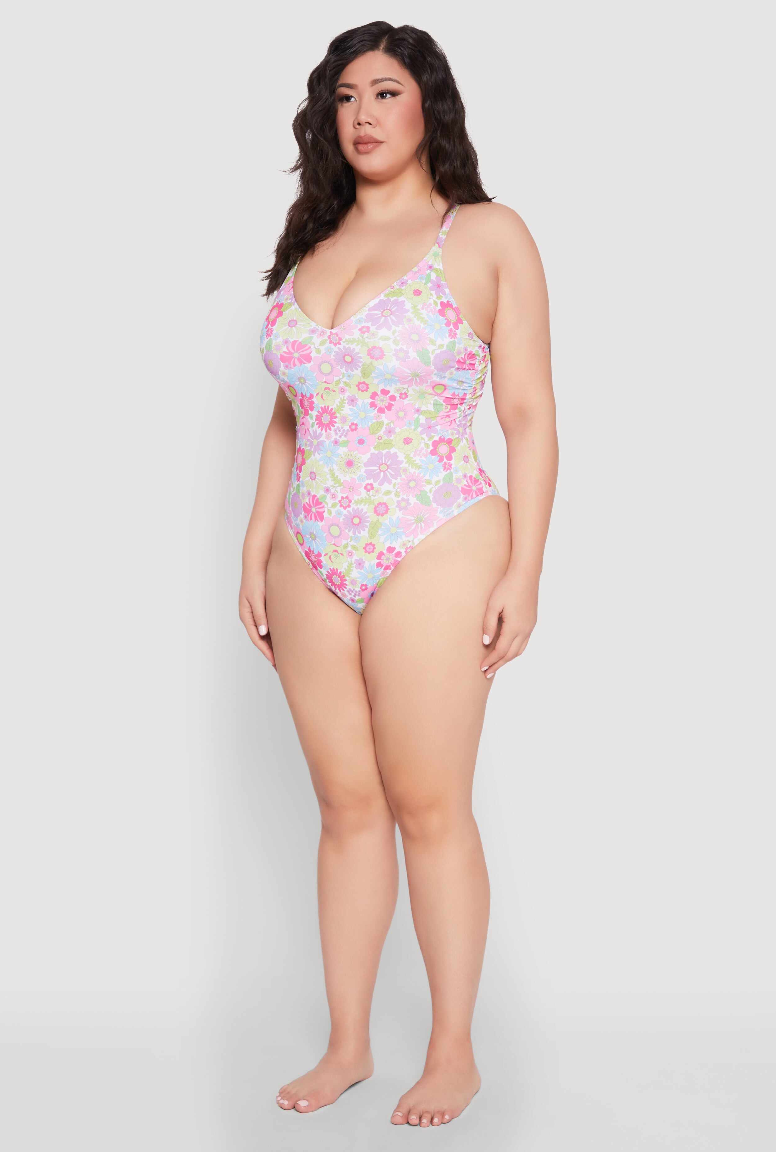 Plus Size Flower Print One Piece Swimsuit