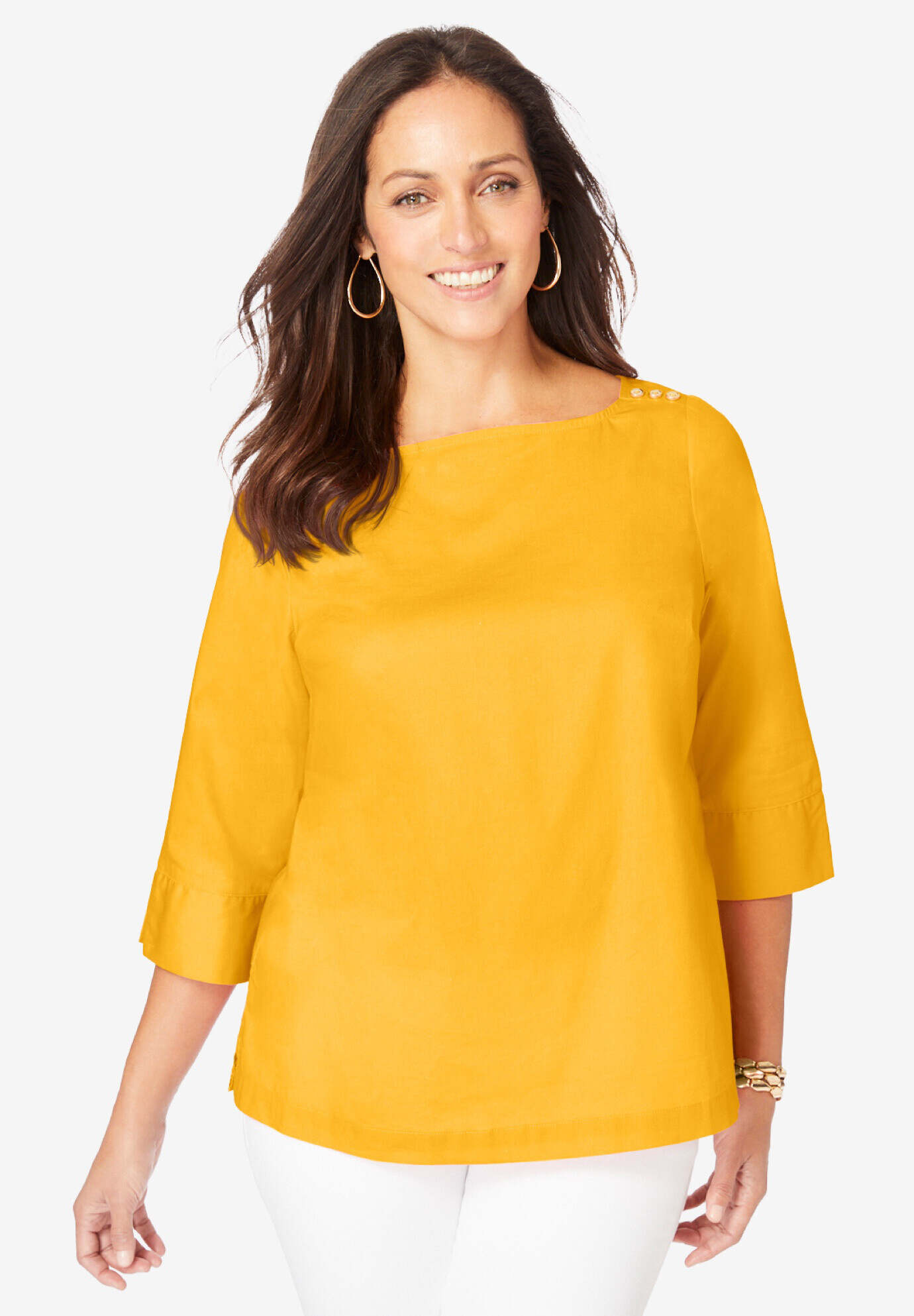 Stretch Poplin Button Boatneck Tunic