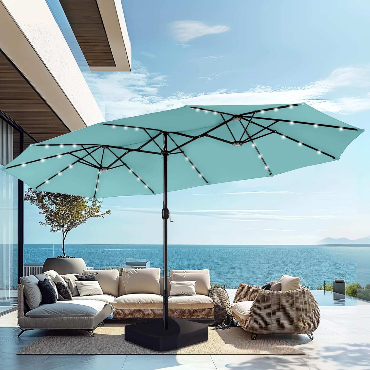15ft Double-Sided Rectangular Patio Umbrella with Solar LED Lights & Base