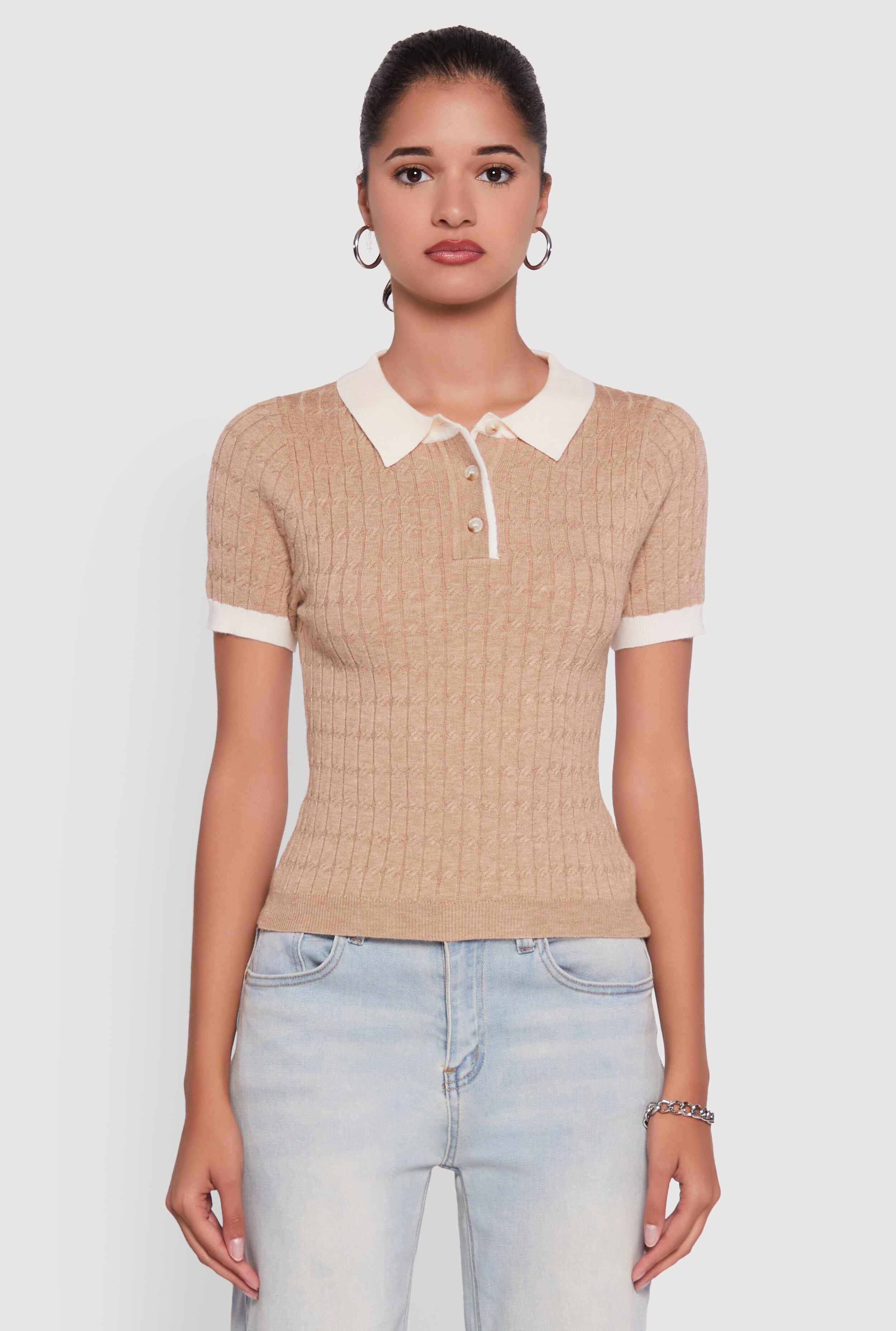 Contrast Trim Cable Knit Sweater Polo