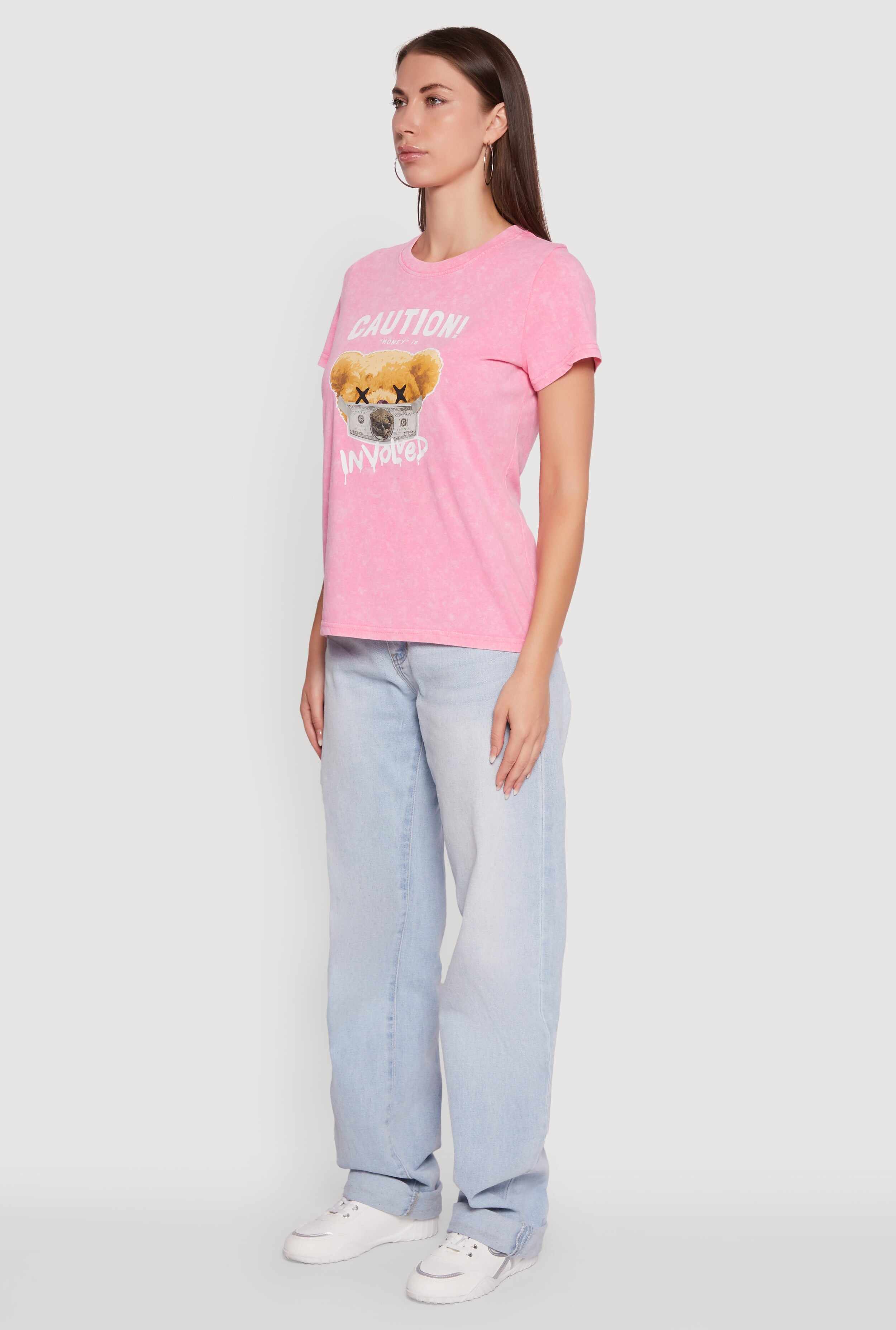 Acid Wash Teddy Bear Caution Graphic Crew Neck Tee