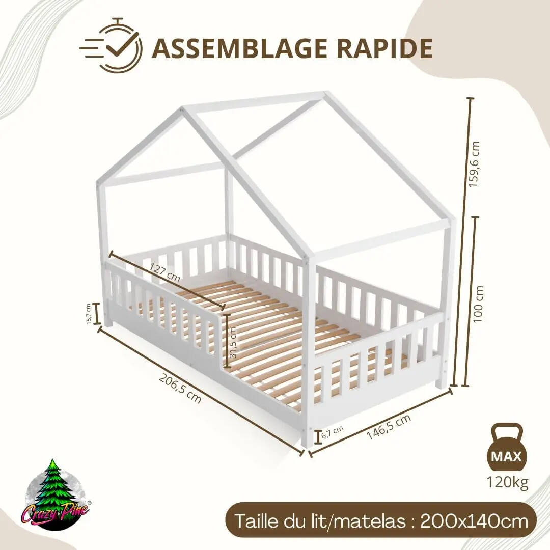 Clearance Sale Crazy Pine Cabin Bed 160x80 cm – Natural Wood Children's Bed with Barrier – Montessori Floor Bed with Height-Adjustable Legs and Removable Barrier - Crazy House