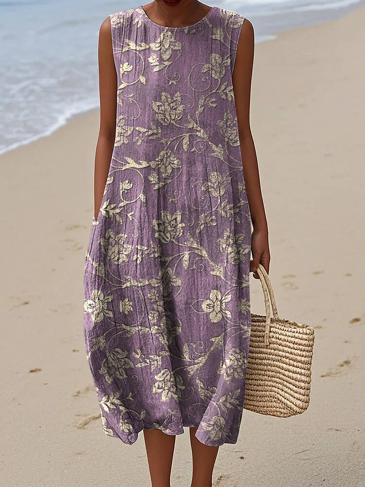 Women's Vintage Folk Art Floral Pattern Print Sleeveless Cotton Wrap Dress