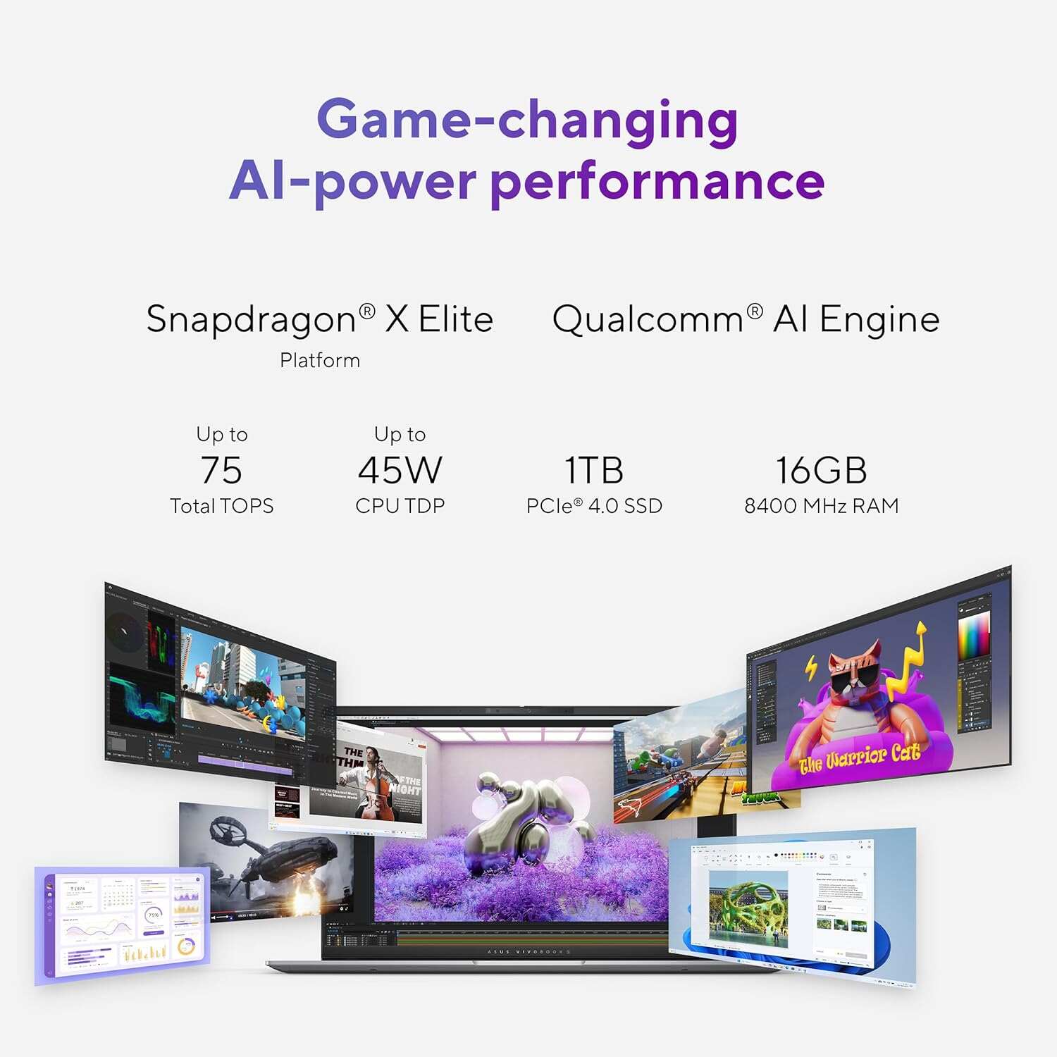 ASUS Vivobook S 15 laptop; Copilot+ PC, 15.6” 3K 120Hz OLED Display, Qualcomm Snapdragon X Elite X1E-78-100 12-Core Processor, 16GB RAM, 1TB SSD, Windows 11 Home, Cool Silver, S5507QAD-PS96