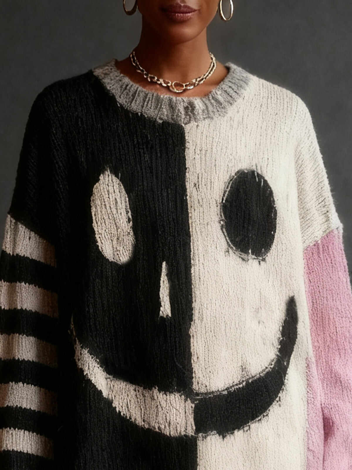 Colorblock Smiley Face Knit Sweater Dress