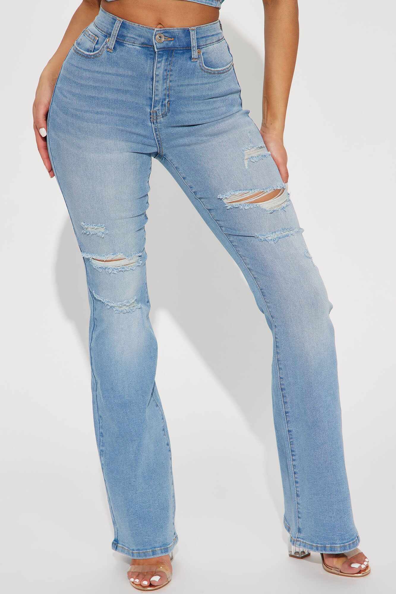 Not My Fault Ripped Flare Jeans - Light Blue Wash
