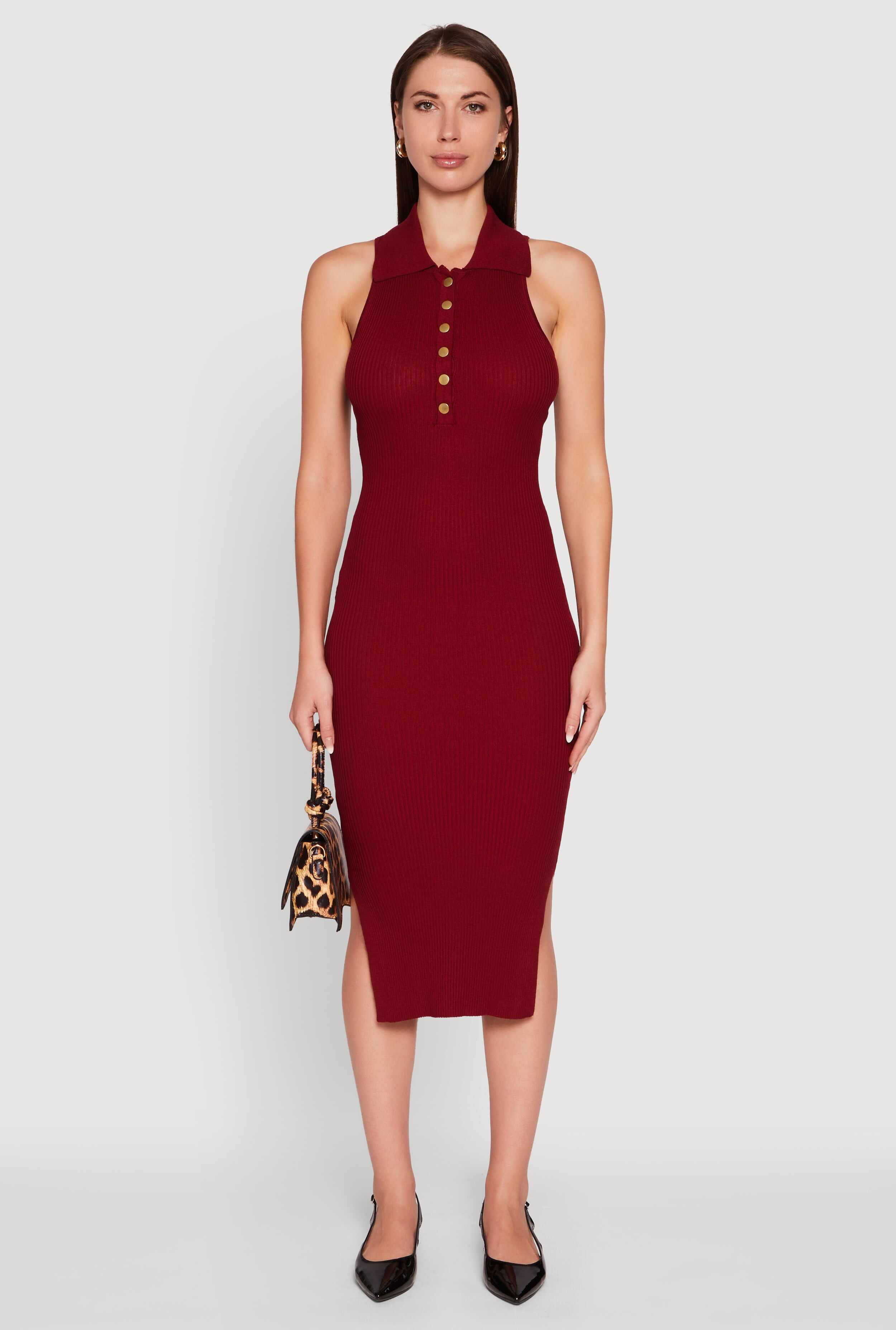 Ribbed Knit Sleeveless Midi Dress with Collar and Side Slit