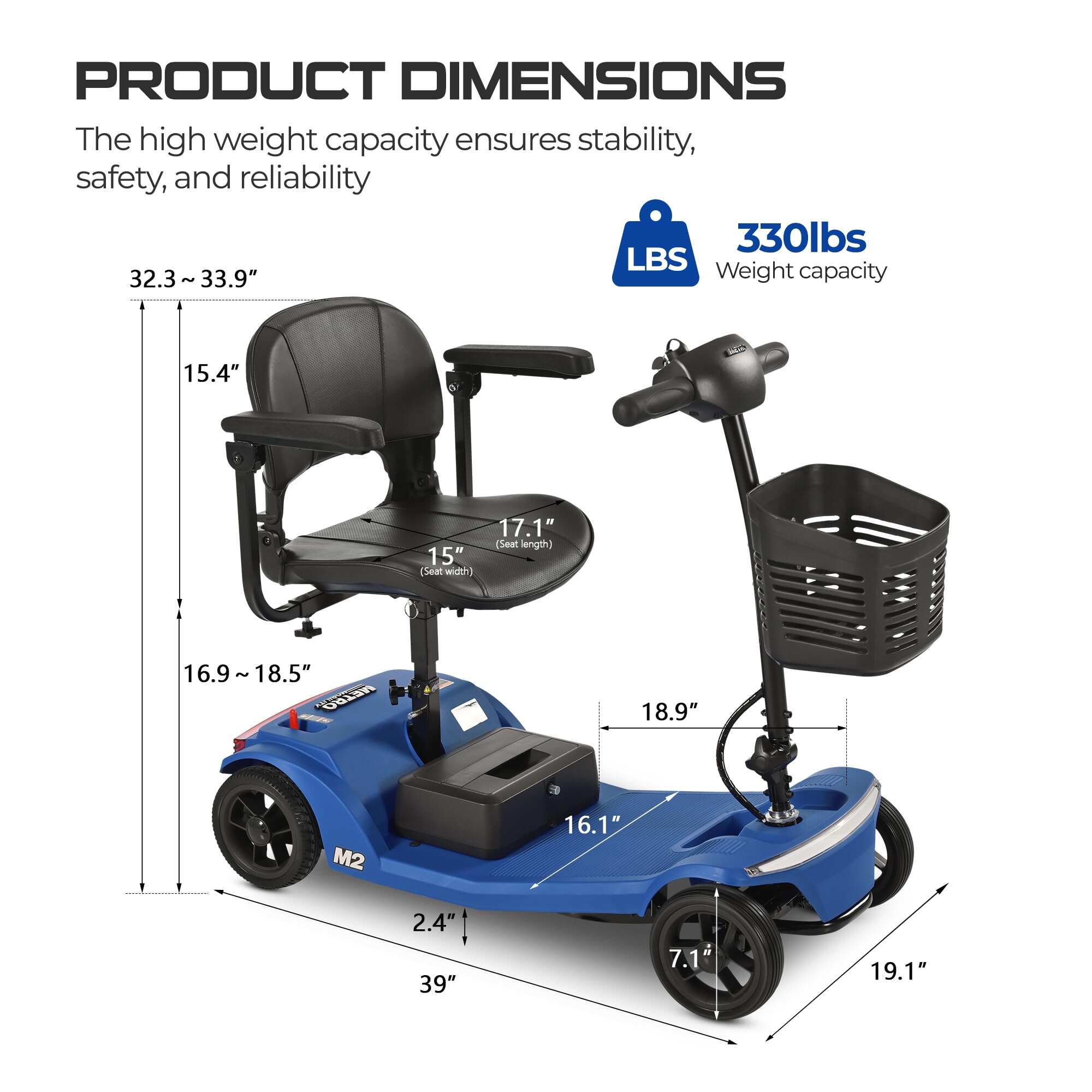 New electric four-wheeled mobility scooter boasts a 20 miles range, a 300lb load-bearing capacity, fast charging, and smartphone control