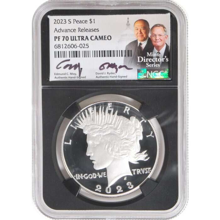 2023 6 PC Morgan and Peace Silver Dollars NGC MS70/PF70/ Reverse PF70 Advance Releases signed by Edmund C. Moy & David Ryder U.S. Mint Directors
