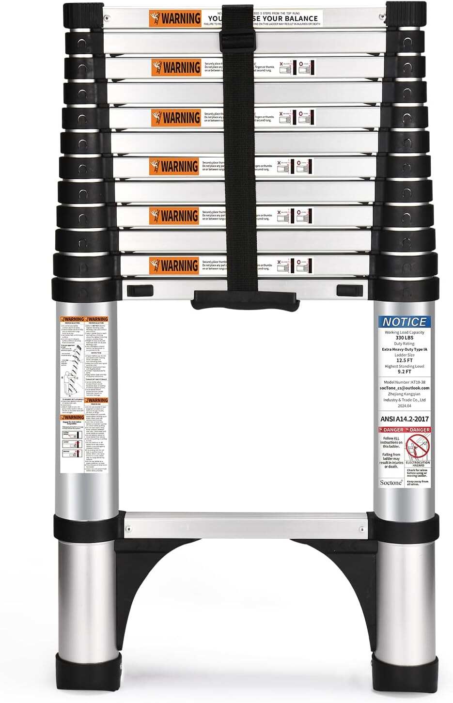 Telescoping Ladder, 12.5 FT Aluminum Lightweight Extension Ladder with 2 Triangle Stabilizers, Heavy Duty 330lbs Max Capacity, Collapsible Ladder with Hooks for RV or Outdoor Work