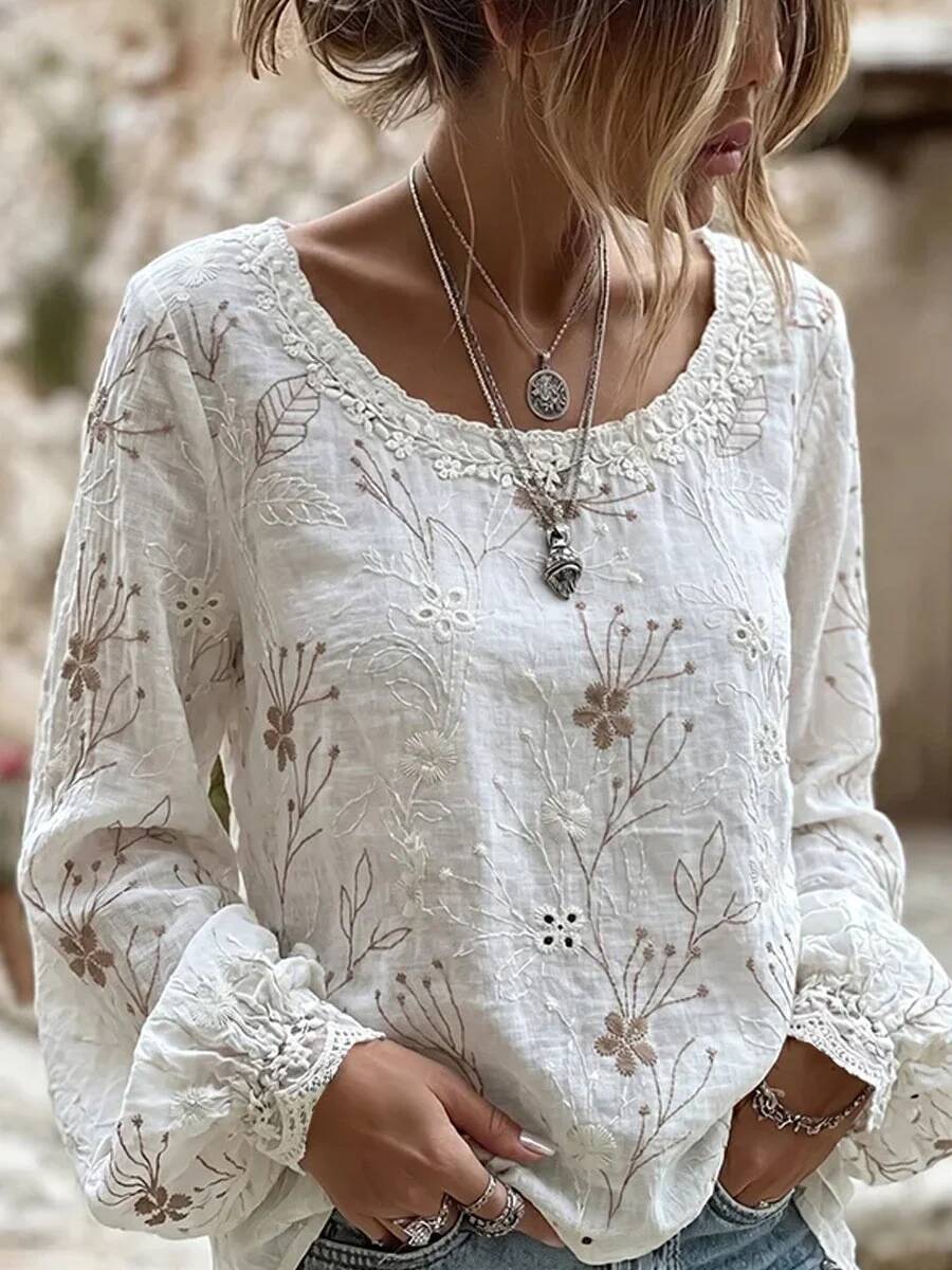 Digital Print Women's Round Neck Retro Bohemian Top