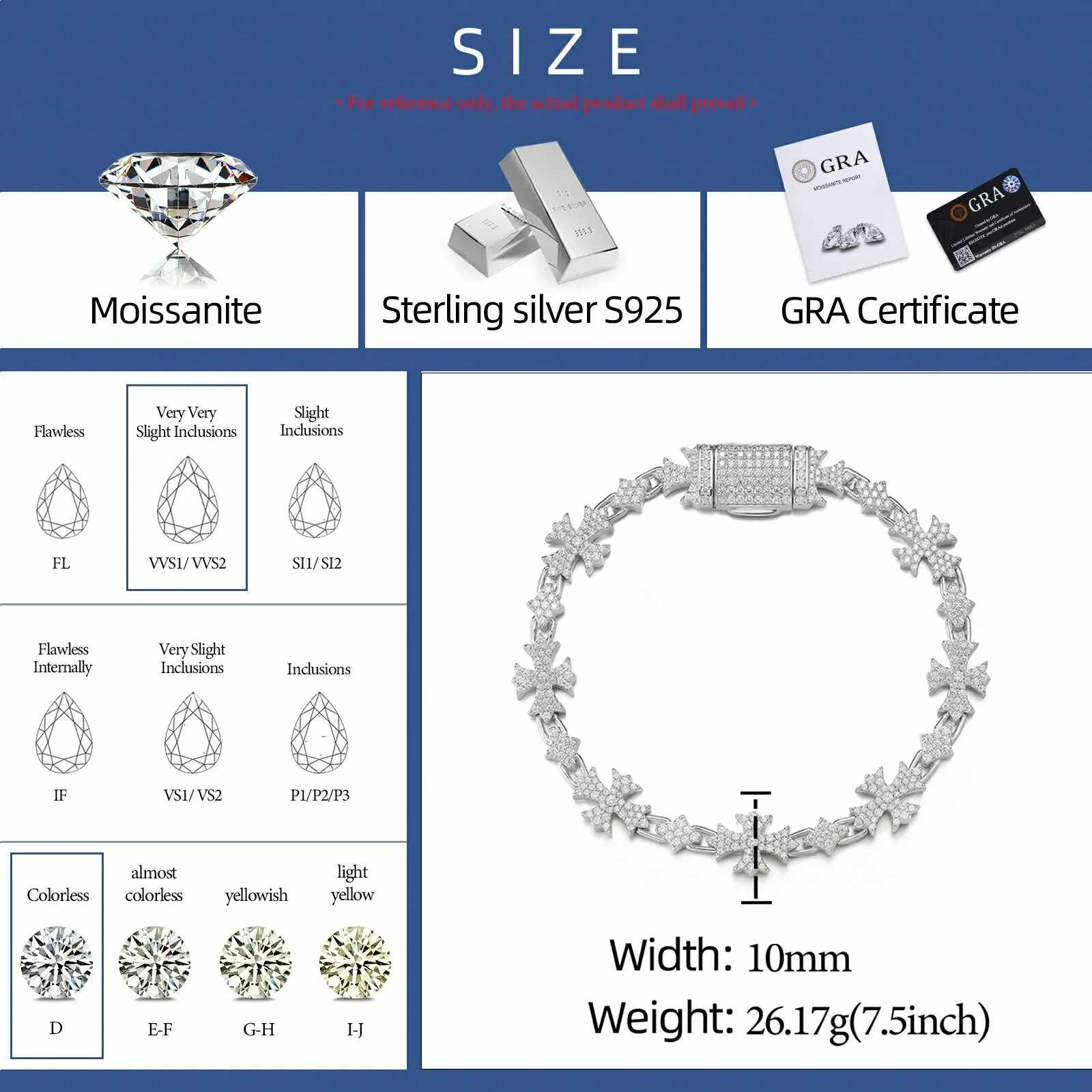 10mm S925 Moissanite Chrome Heart Cross Star Link Bracelet