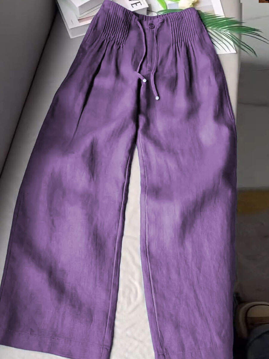 🔥Summer Arrivals🌟Women's Solid Color Pleated Drawstring Casual Cotton and Linen Wide Leg Pants