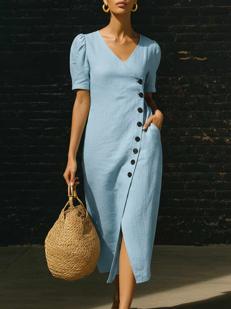 🔥Summer Arrivals🌟Elegant V-neck Button-up Linen Midi Dress