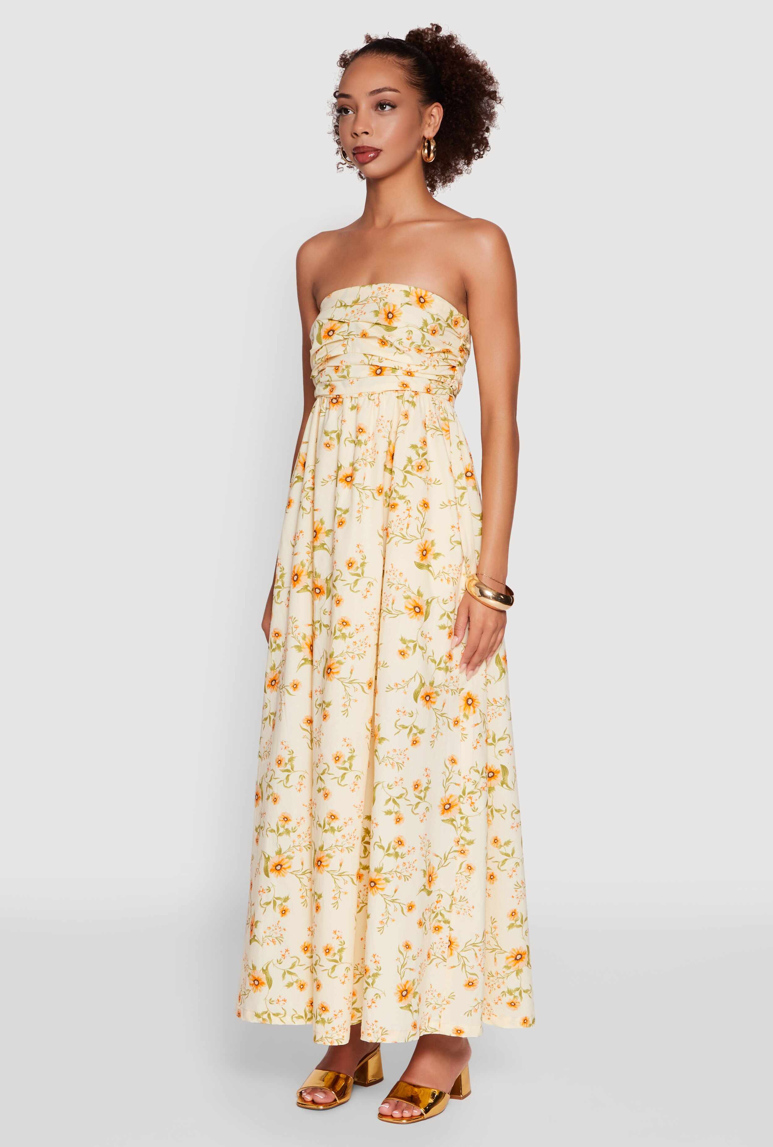 Floral Strapless Pleated Maxi Dress with Pockets