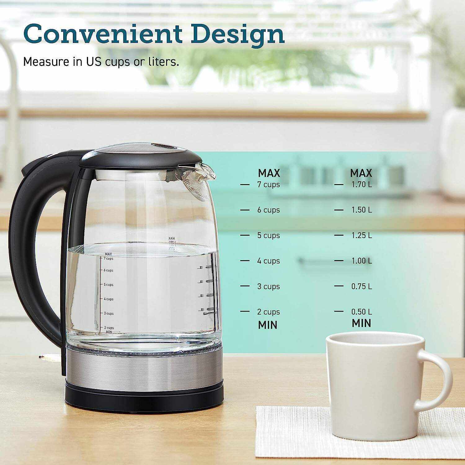 Electric Kettle with Stainless Steel Filter and Inner Lid, 1500W Wide Opening 1.7L Glass Tea Kettle & Hot Water Boiler, LED Indicator Auto Shut-Off & Boil-Dry Protection, BPA Free, Matte Black