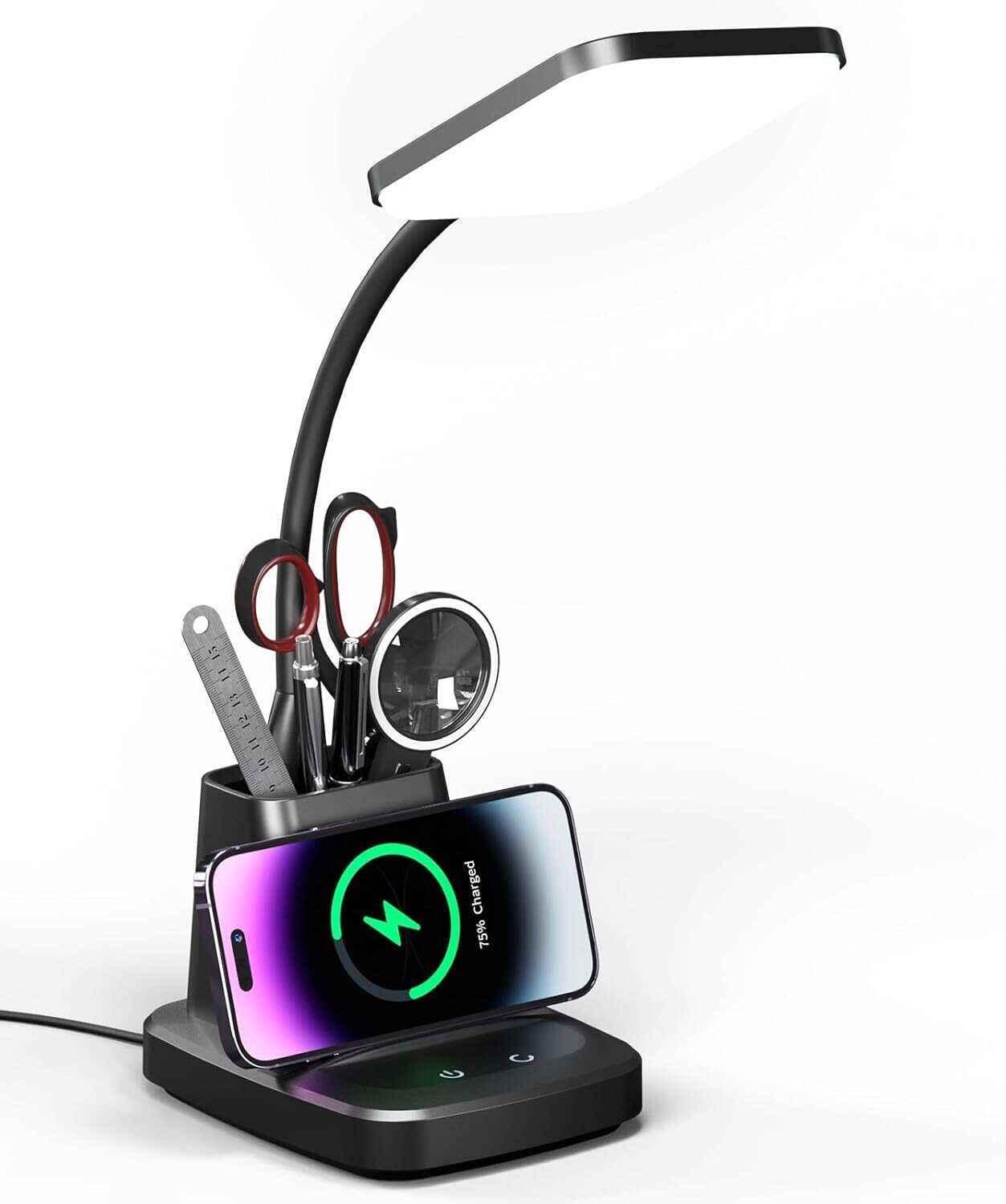 Desk Lamp with Wireless Charger, LED Desk Lamps for Home Office, 800 Lumens, Small Desk Lamp with Pen Holder, Flexible Arm, 3 Modes, Dimming, Touch Lamp for College Dorm Room