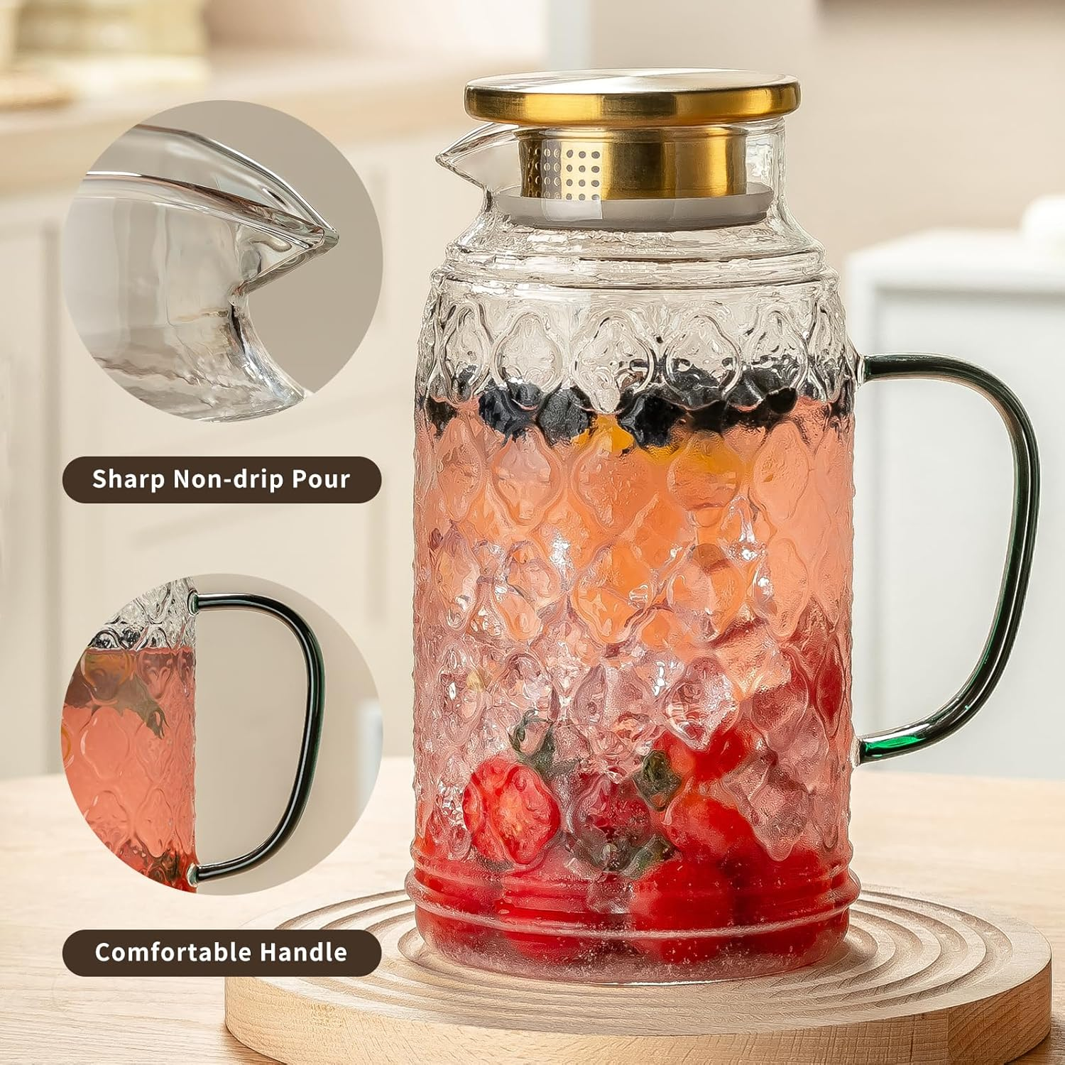 Buaic covered glass pitcher, 2-piece set, 84 ounces / 2.5 liters vintage water jug, transparent borosilicate glass water bottle, suitable for cold brewing, coffee, lemonade, iced tea, beverages, heat-resistant