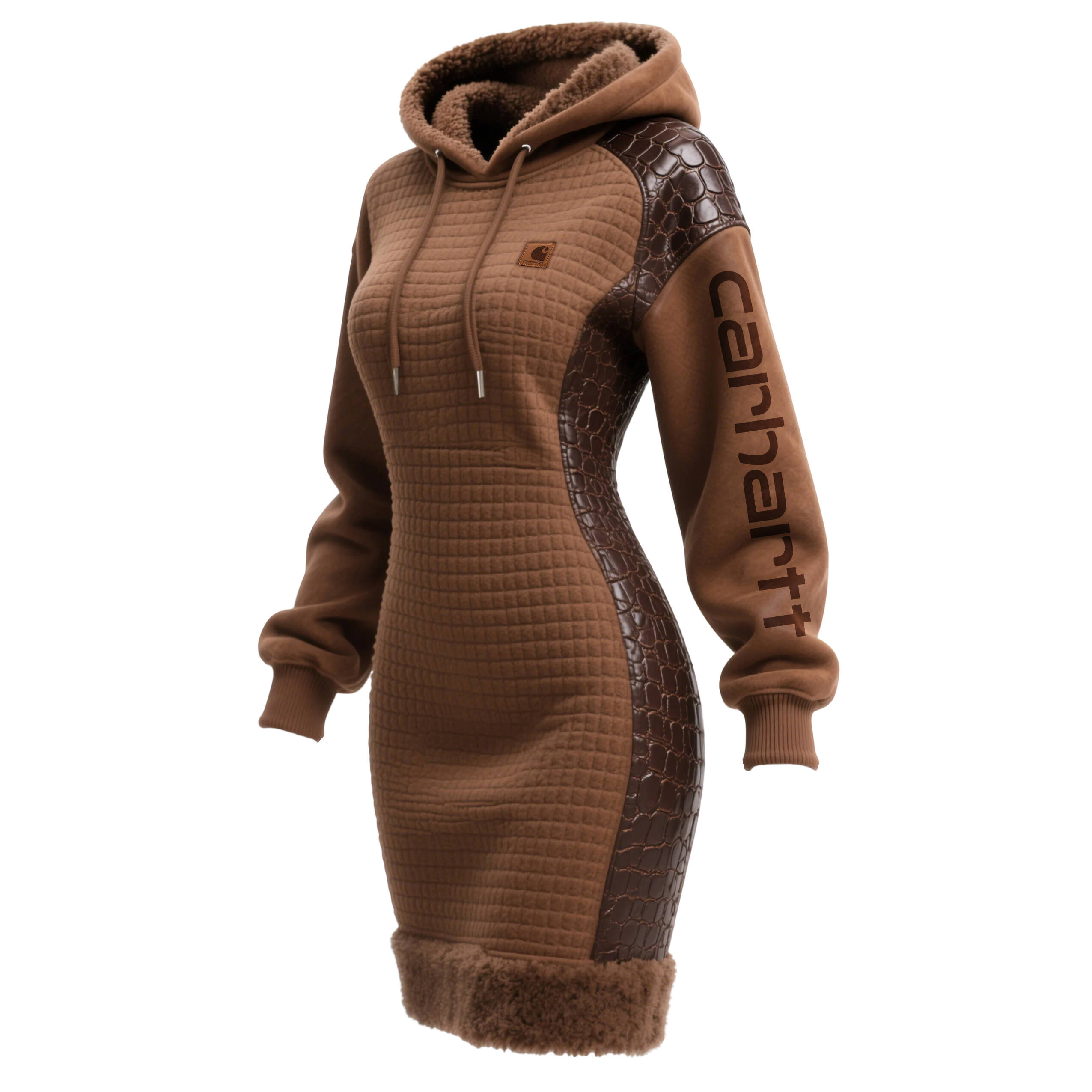 Women's Contrast Color Stitching Suede Lambswool Lapel Hooded Long Sweatshirt Dress-Khaki