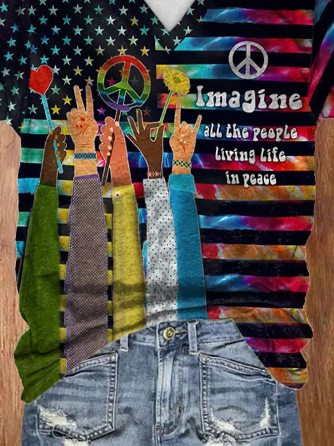 V-neck Hippie Imagine All The People Living Life In Peace Print T-Shirt