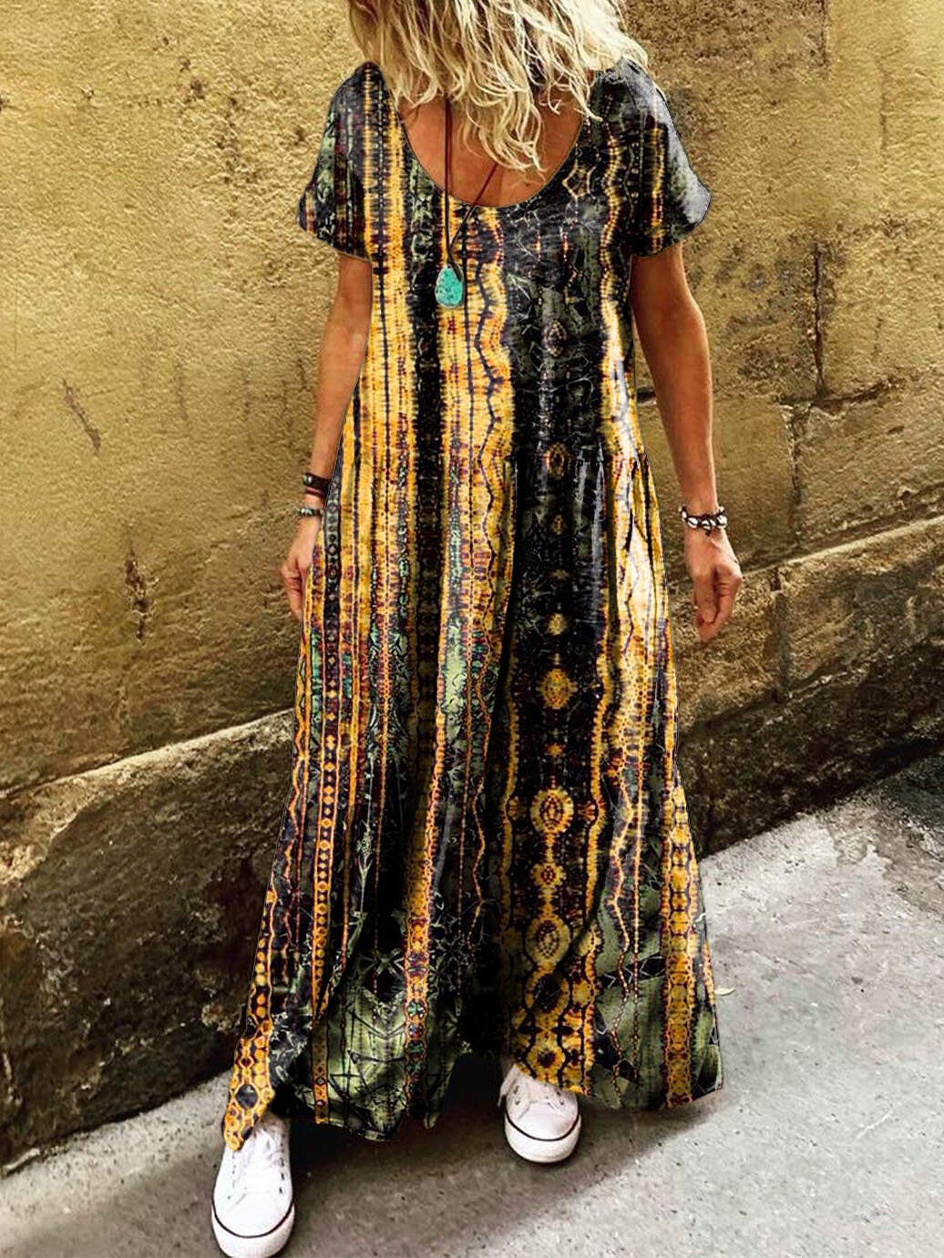 Women's Boho Retro Folk Art Print Pocket Short Sleeve Cotton Dress
