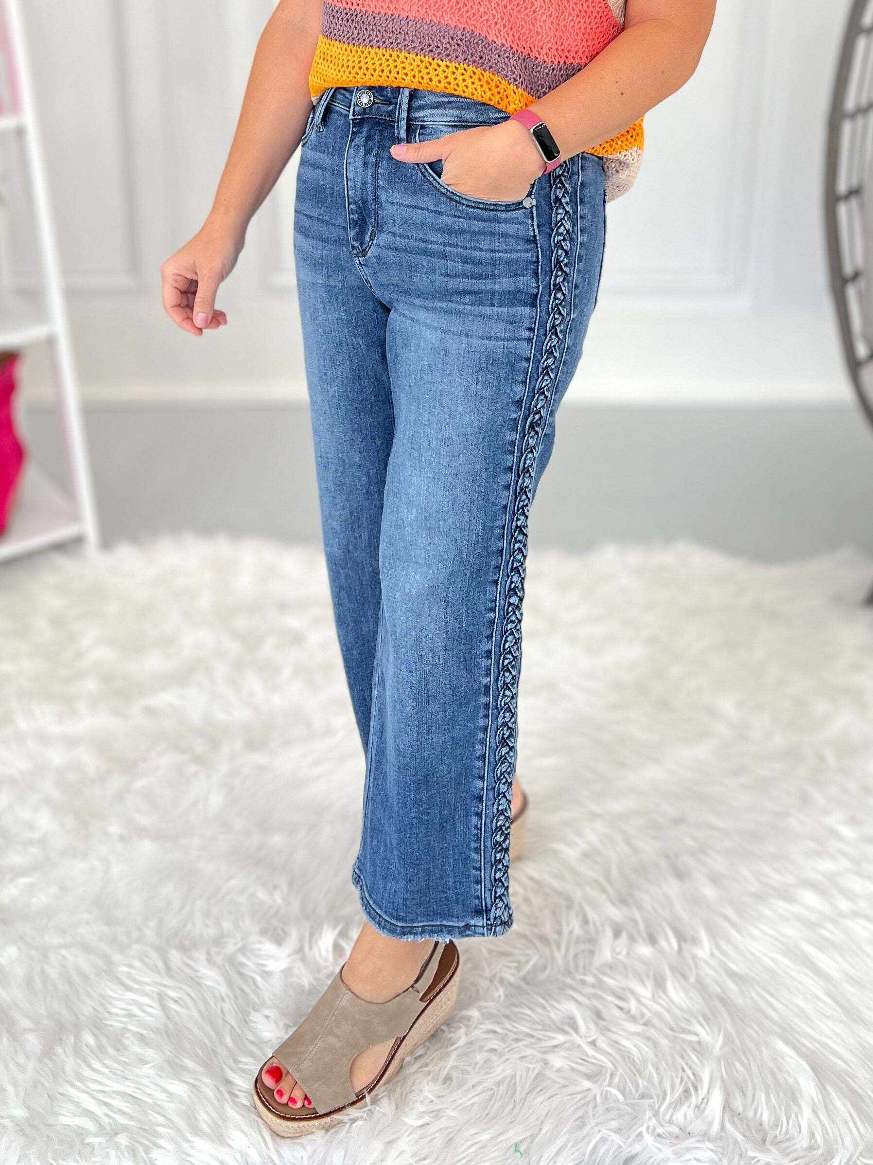 Boho Blues - Christmas Braided Sideseam Cropped Wide Leg Jeans- Final Sale