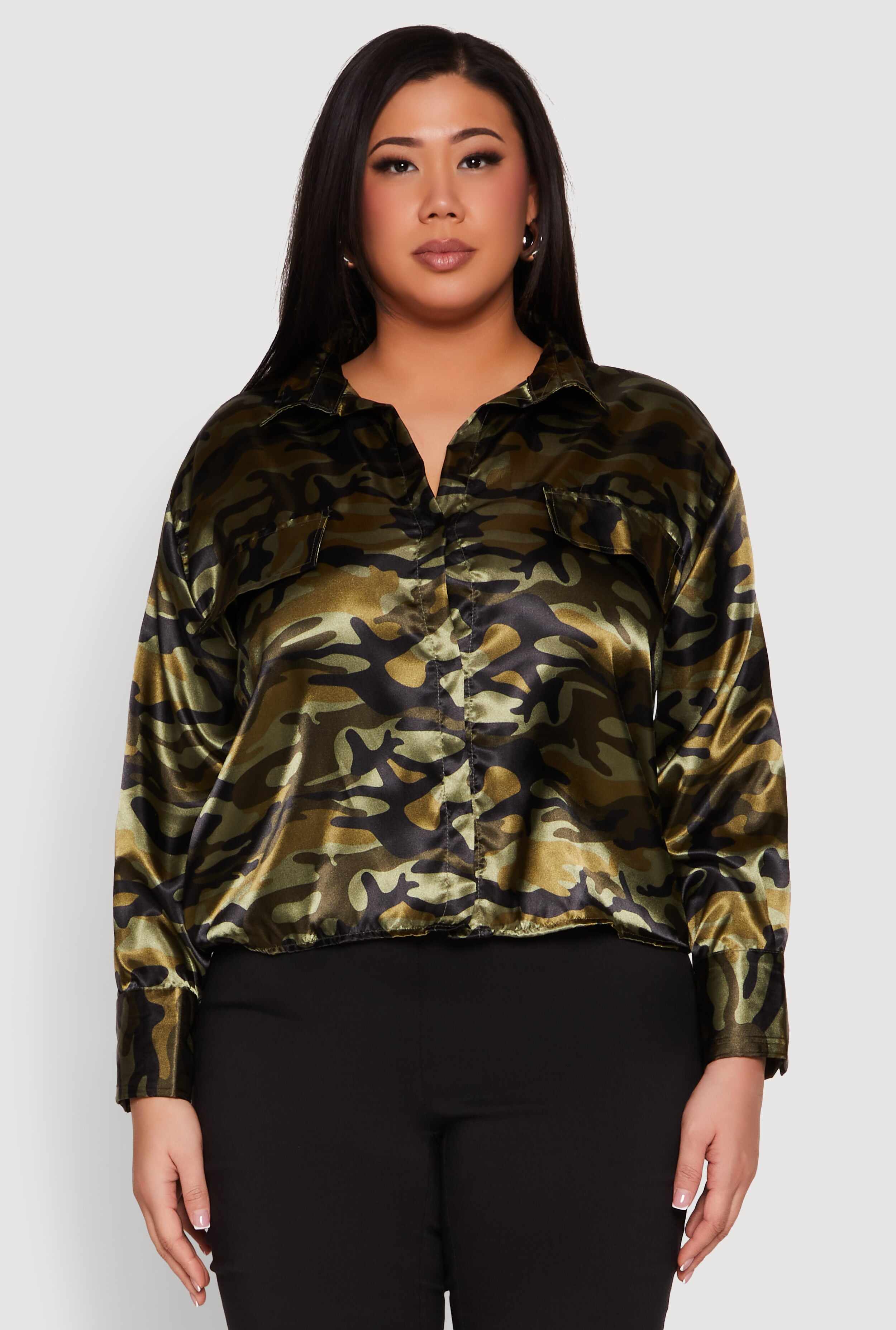Plus Size Camo Satin Shirt