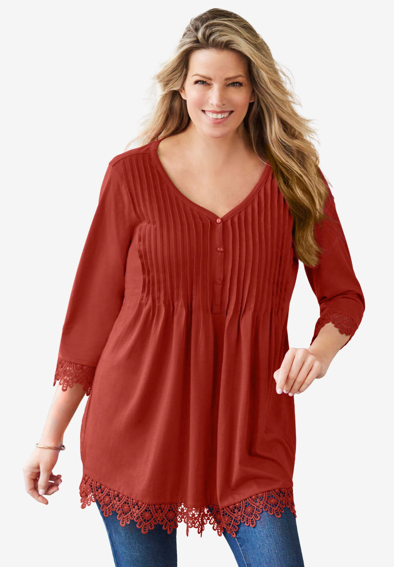 Pintuck Henley Crochet Trim Tunic