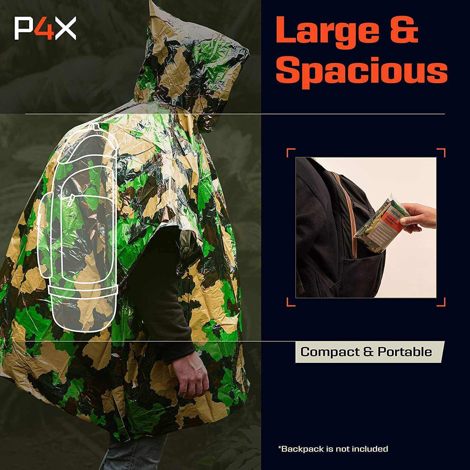 PREPARED4X Emergency Rain Poncho with Mylar Blanket Liner - Survival Blankets for Car - Heavy Duty, Waterproof Camping Gear, Tactical Prepper Supplies