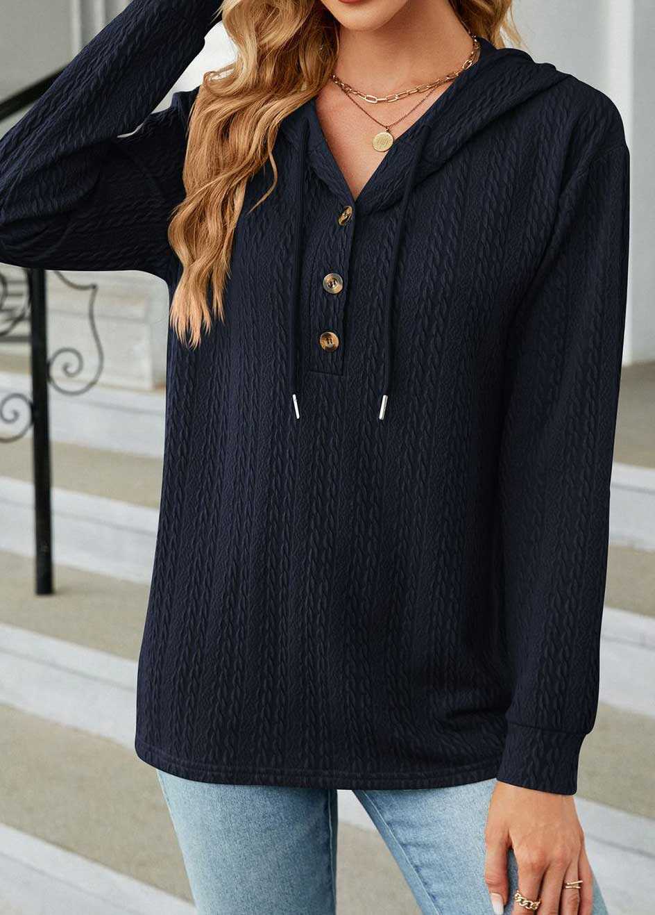 Navy Button Long Sleeve Drawstring Hoodie